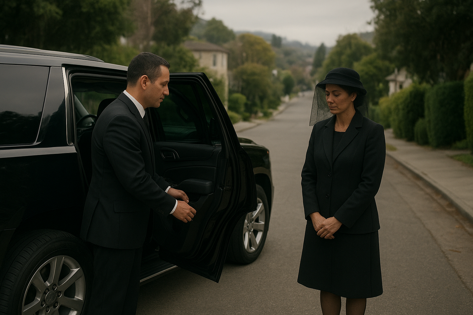 Chauffeur opening door for family member during a funeral procession in Rolling Hills