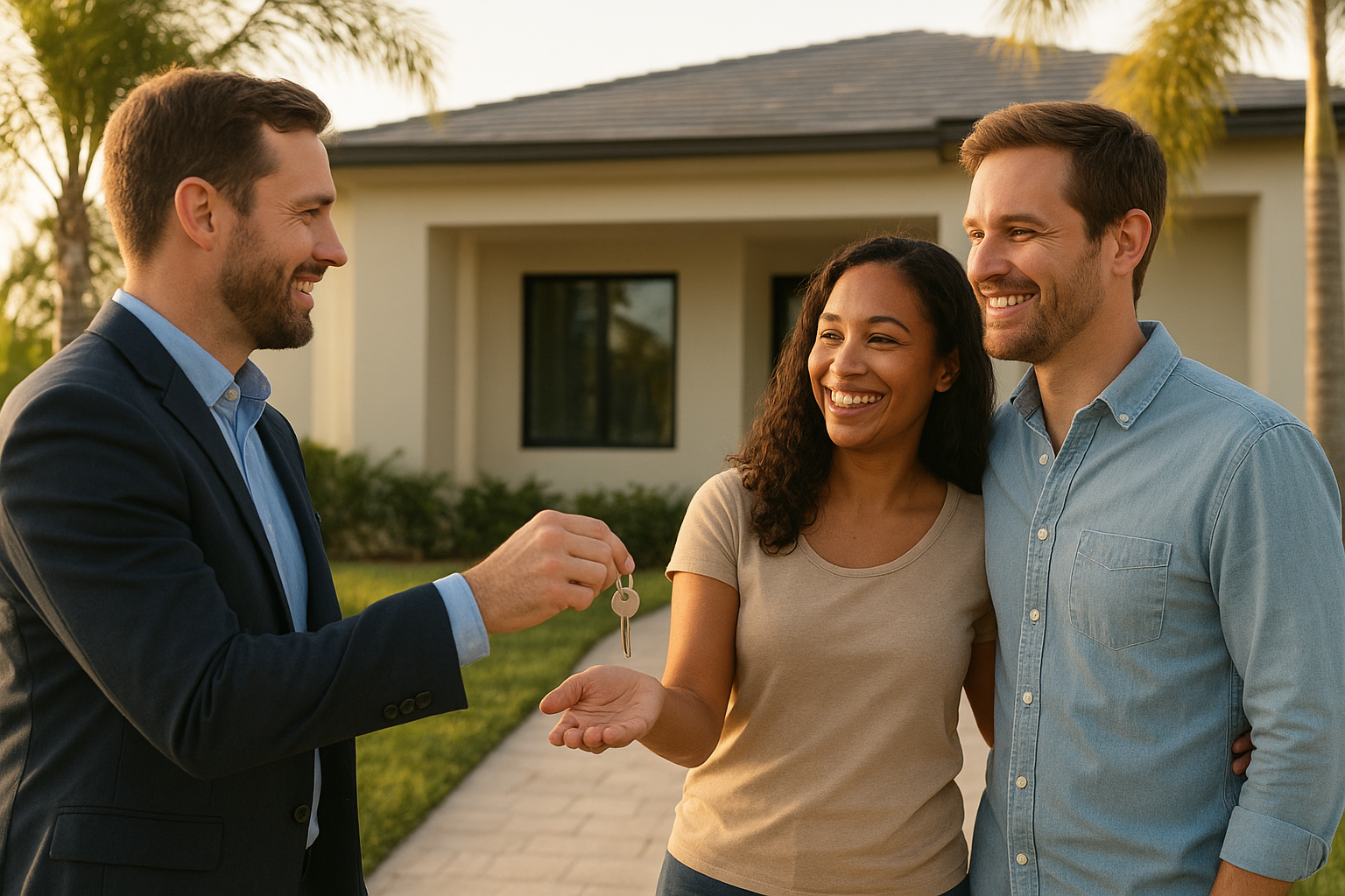 Real estate advisor handing over keys after closing on a foreclosed property purchase