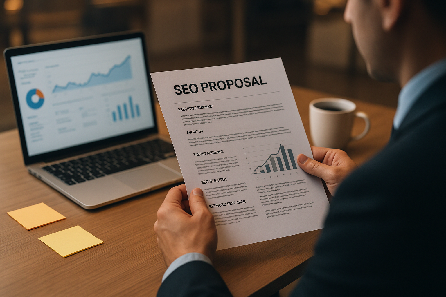 Business professional reviewing an SEO service cost proposal with analytics data on a laptop
