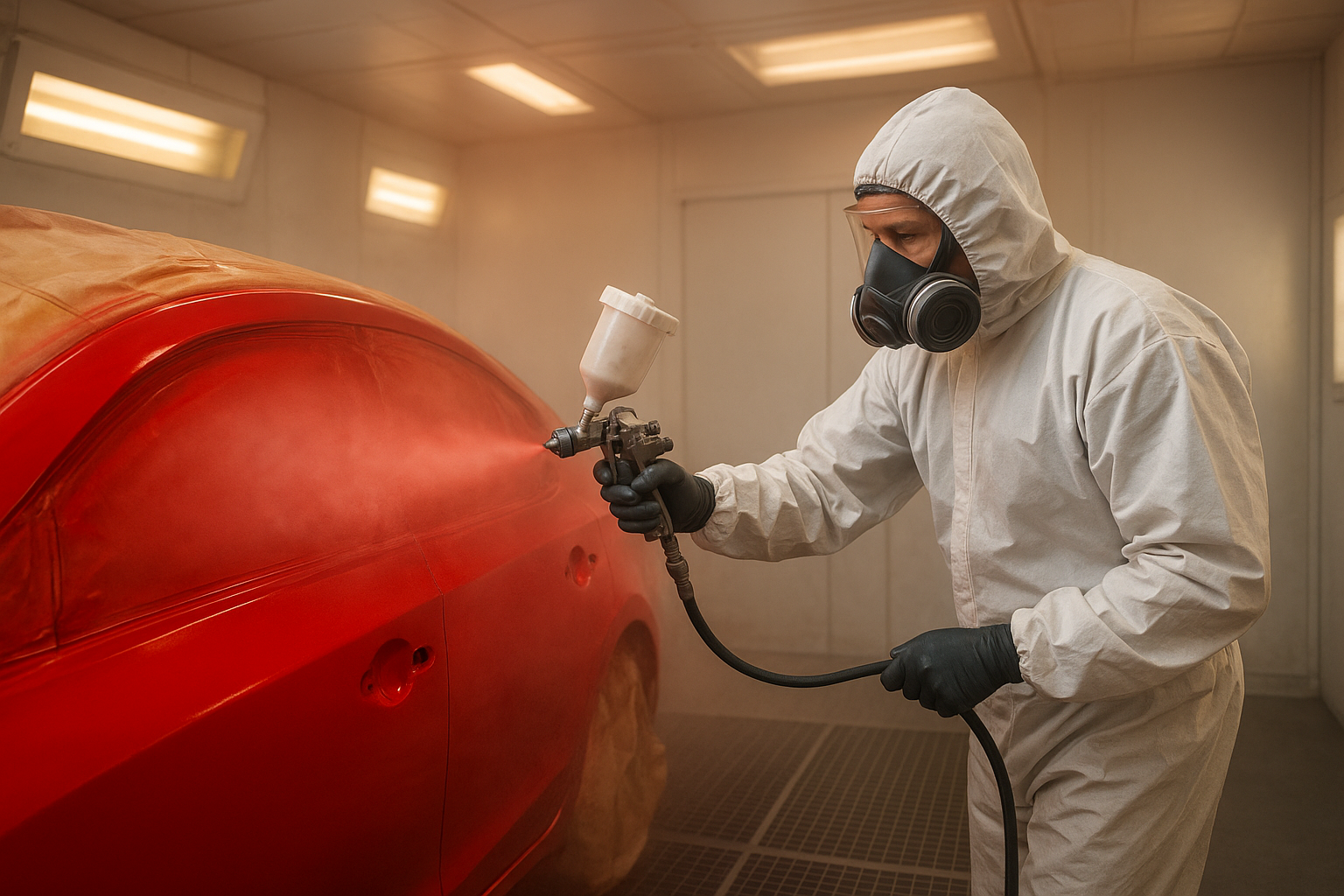 Professional technician performing a car respray near me in a modern auto body spray booth