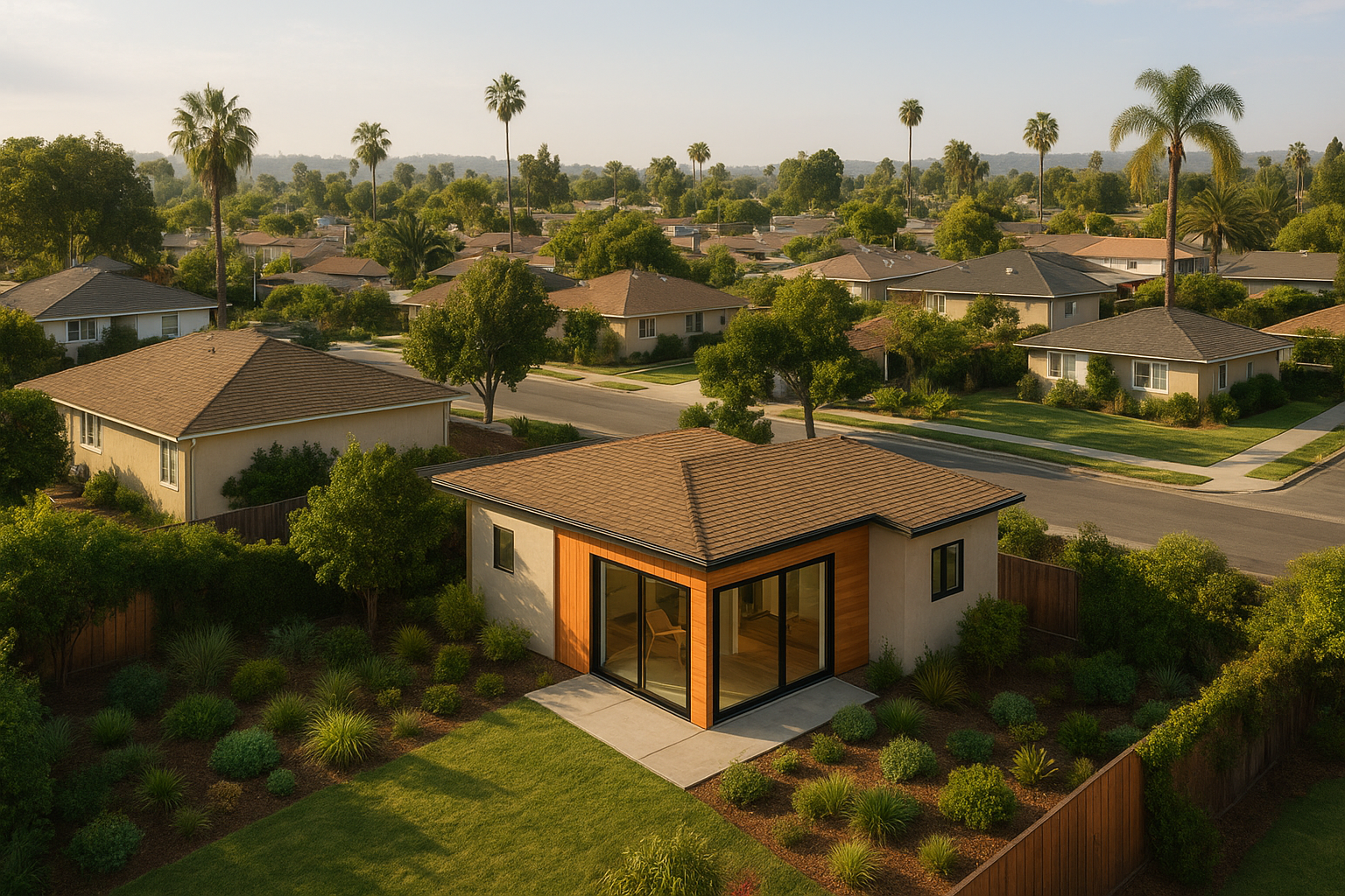 Aerial view of Riverside County ADU options showing a detached backyard unit in a suburban neighborhood