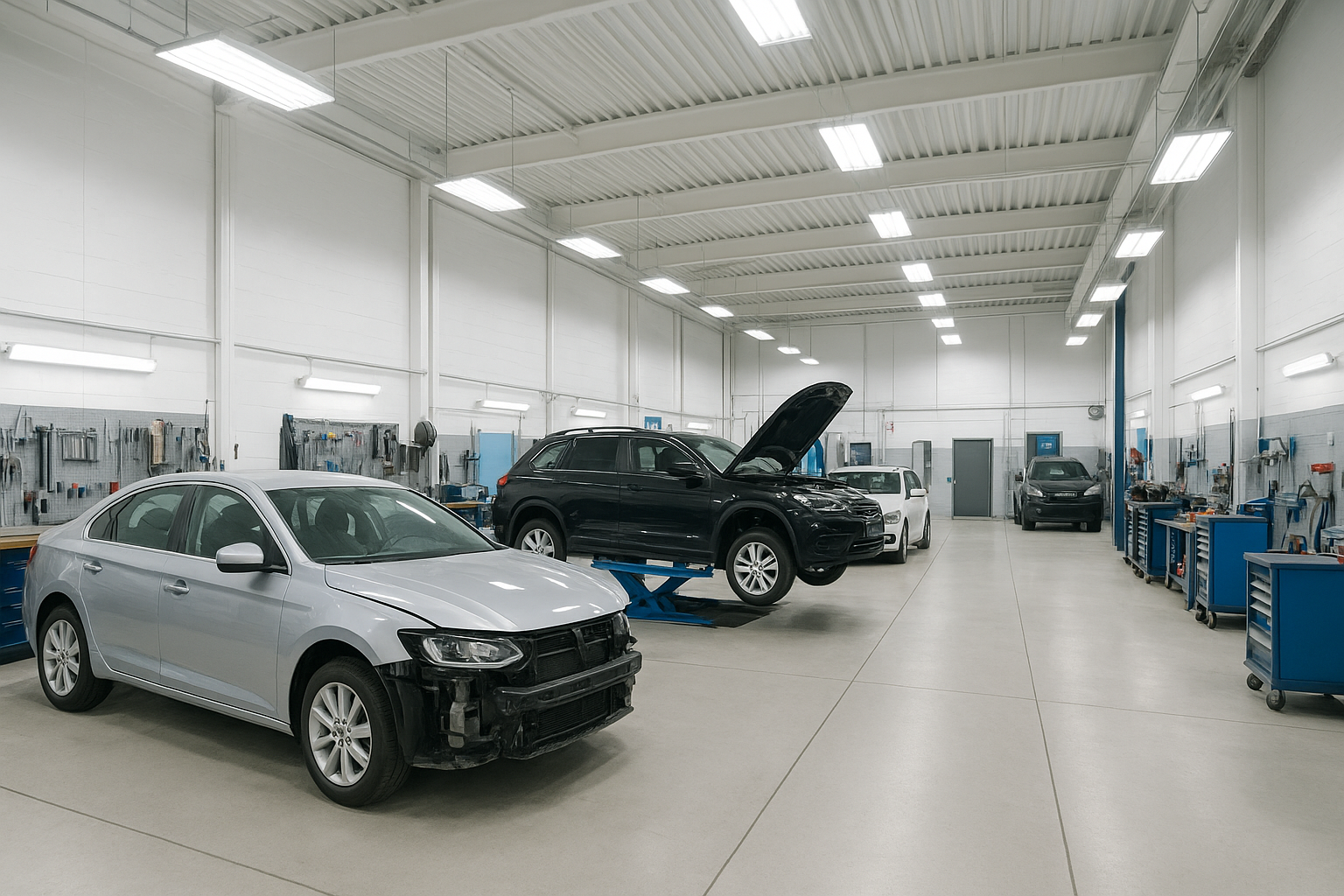 Interior of the best auto body shop in Brea with vehicles undergoing collision repair