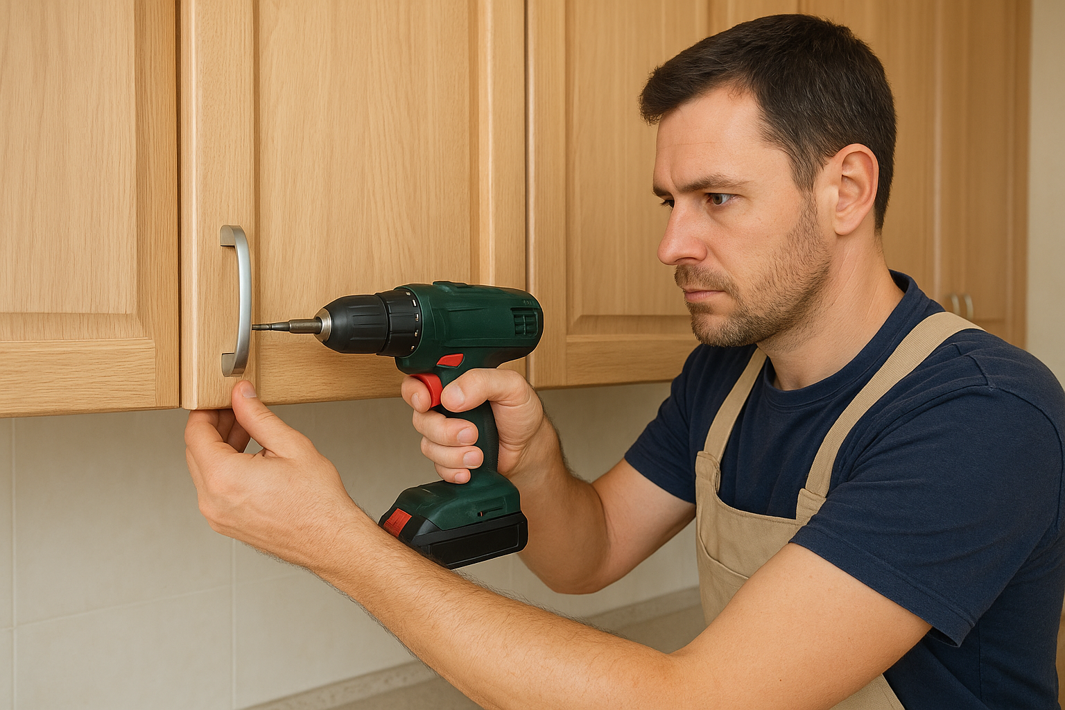 Craftsman installing hardware as part of professional cabinet refacing services