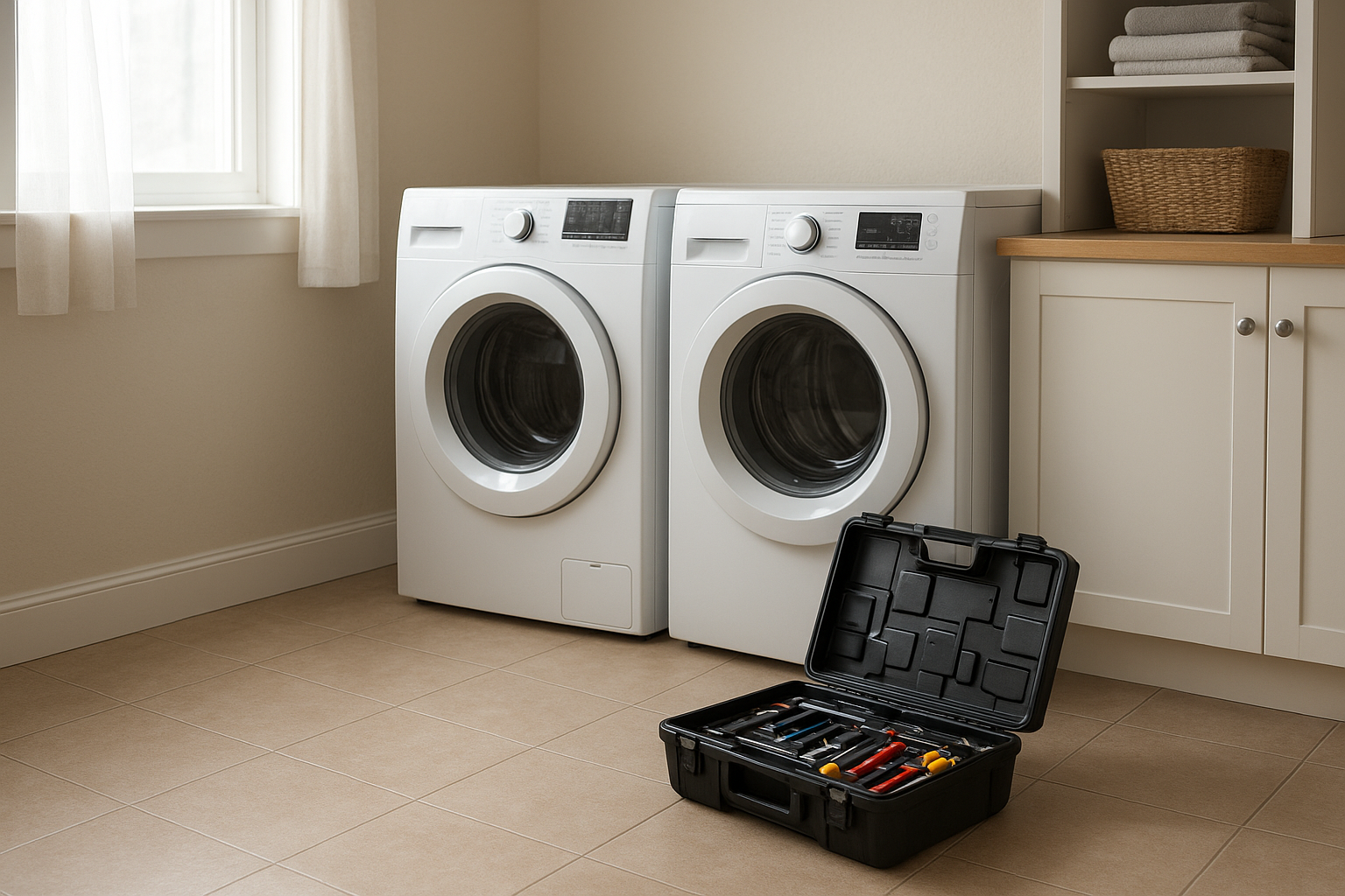 toolbox and washer dryer set ready for a home appliance repair visit