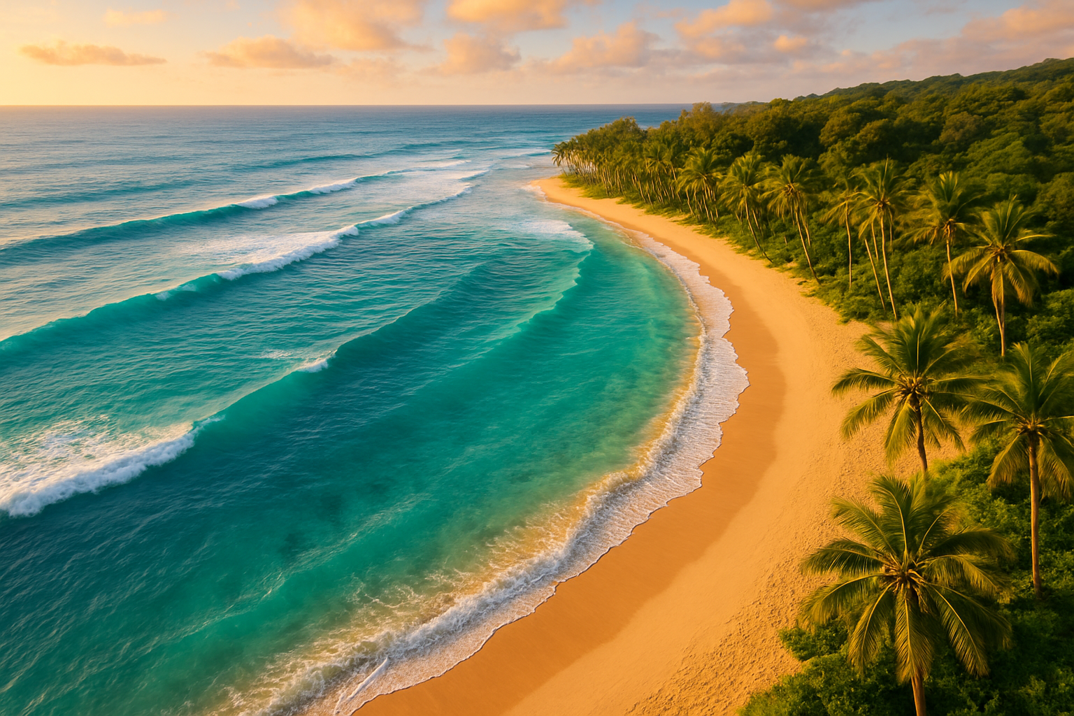 Aerial view of one of the best surf beaches in Hawaii with turquoise waves and palm trees