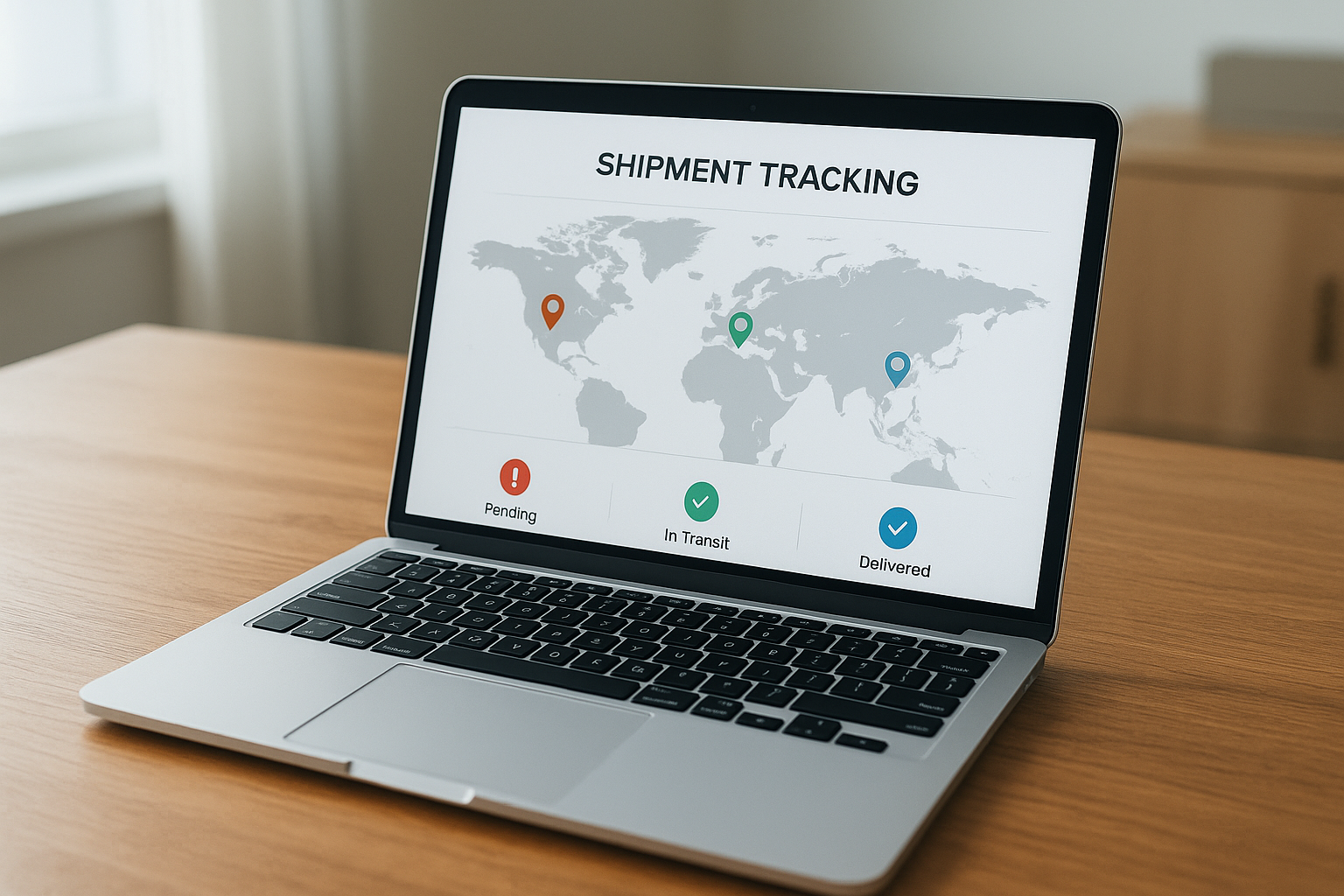 Laptop screen showing a shipment tracking dashboard with map and milestone status icons