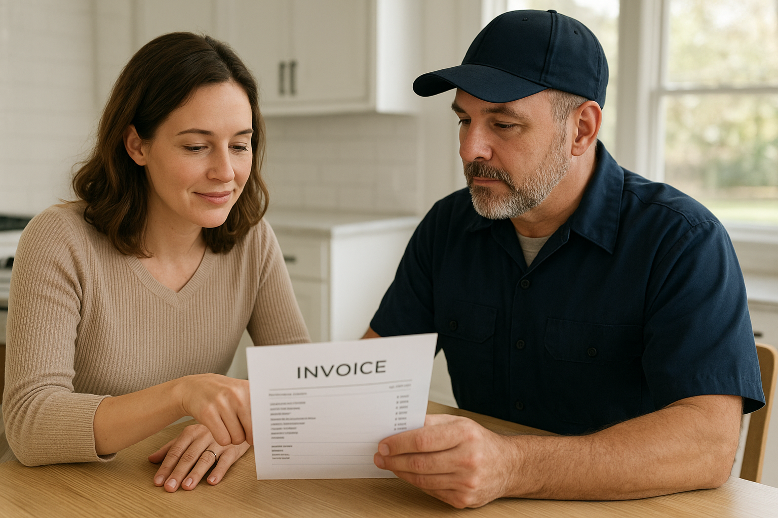 Ab17e4d9_itemized-invoice-review-kitchen-table Homeowner and plumber reviewing an itemized invoice to avoid hidden plumbing fees