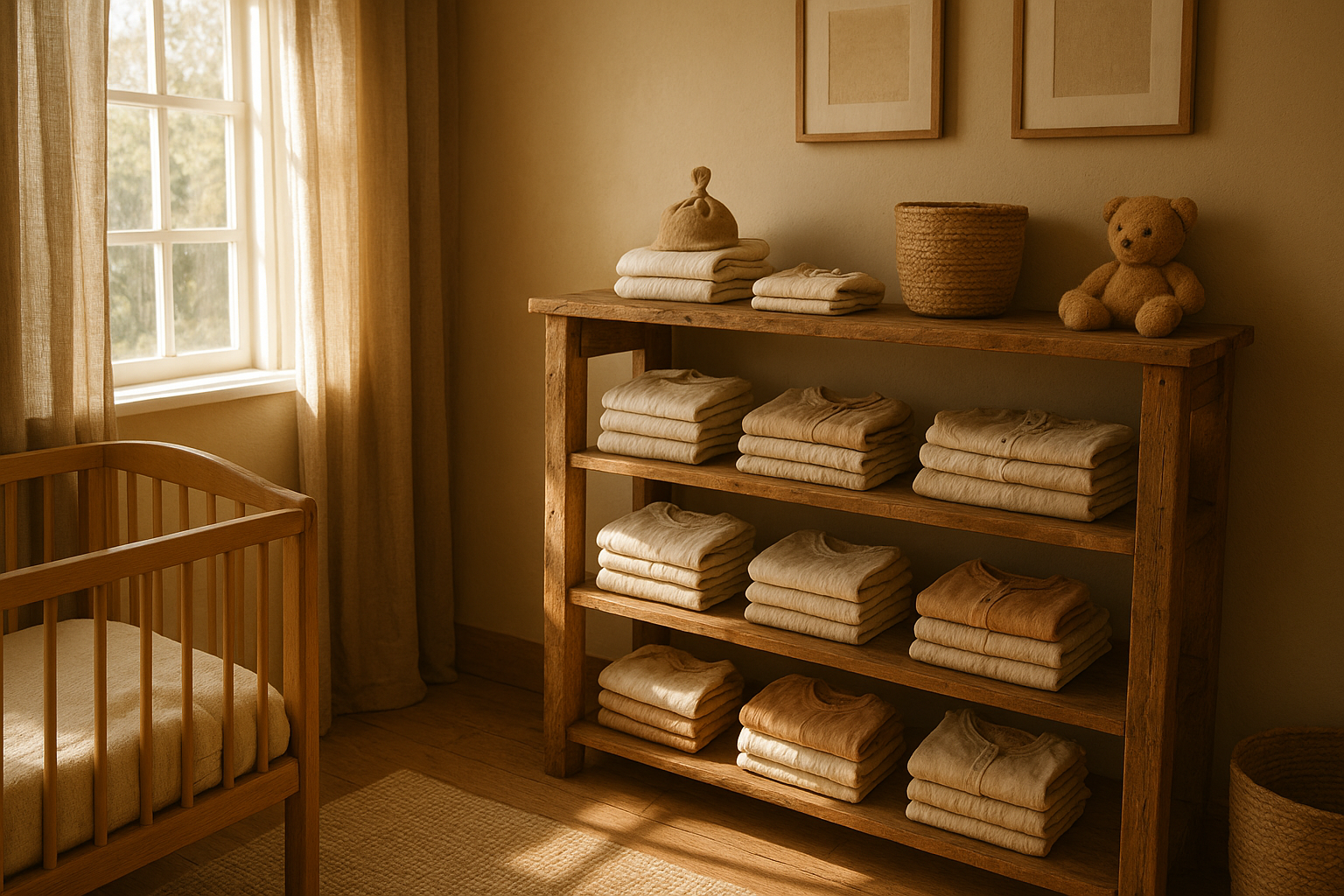 Folded organic cotton clothing representing farm-to-closet kids clothing on wooden shelves