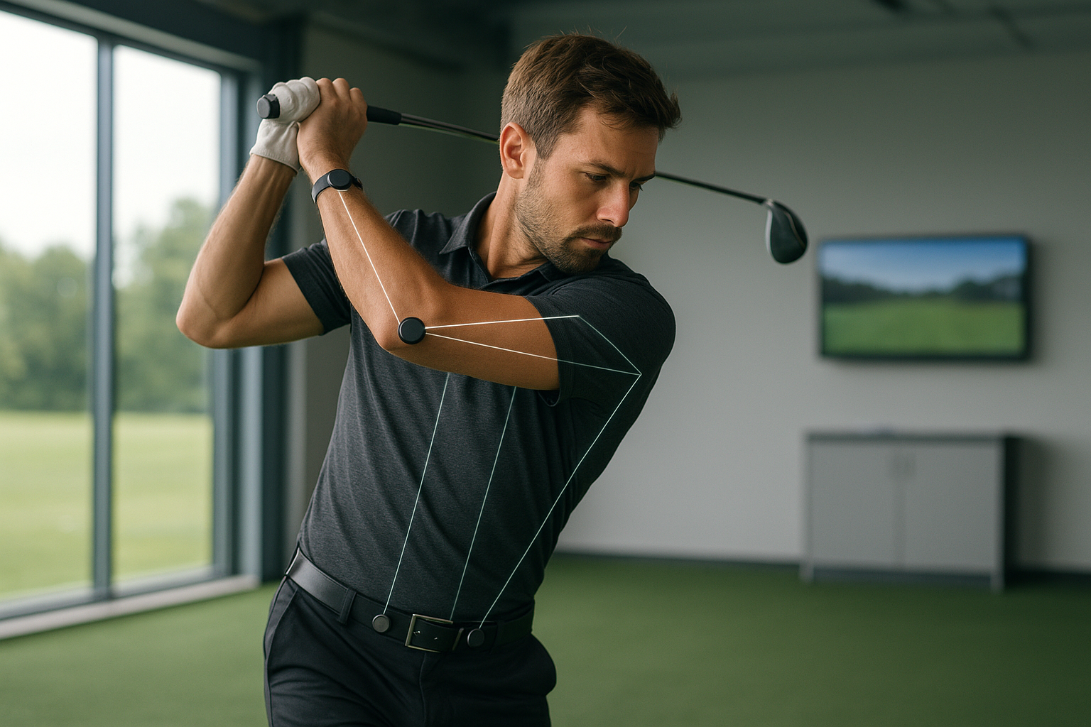 Golfer wearing motion-capture sensors to collect biomechanical data for golf improvement