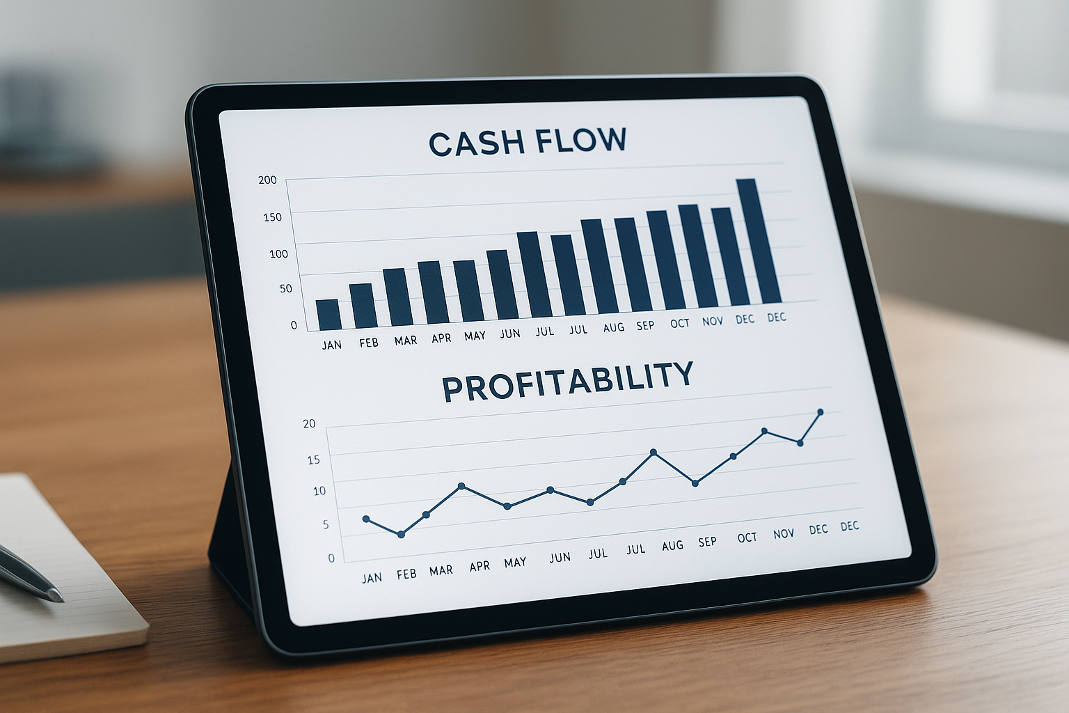 Financial dashboard showing cash flow and profitability metrics reviewed by a fractional CFO