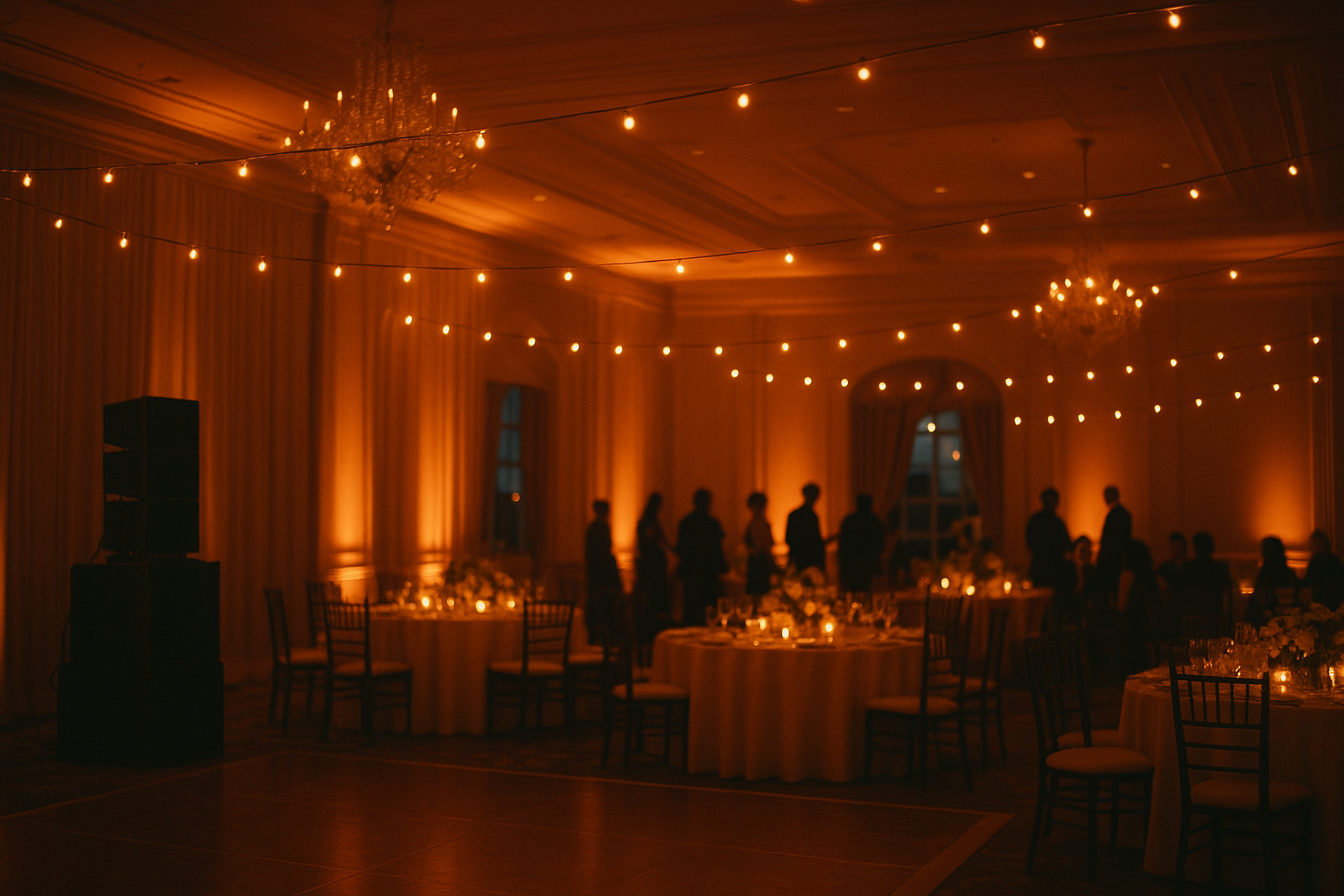 Wedding audio visual services lighting and sound setup in a reception ballroom