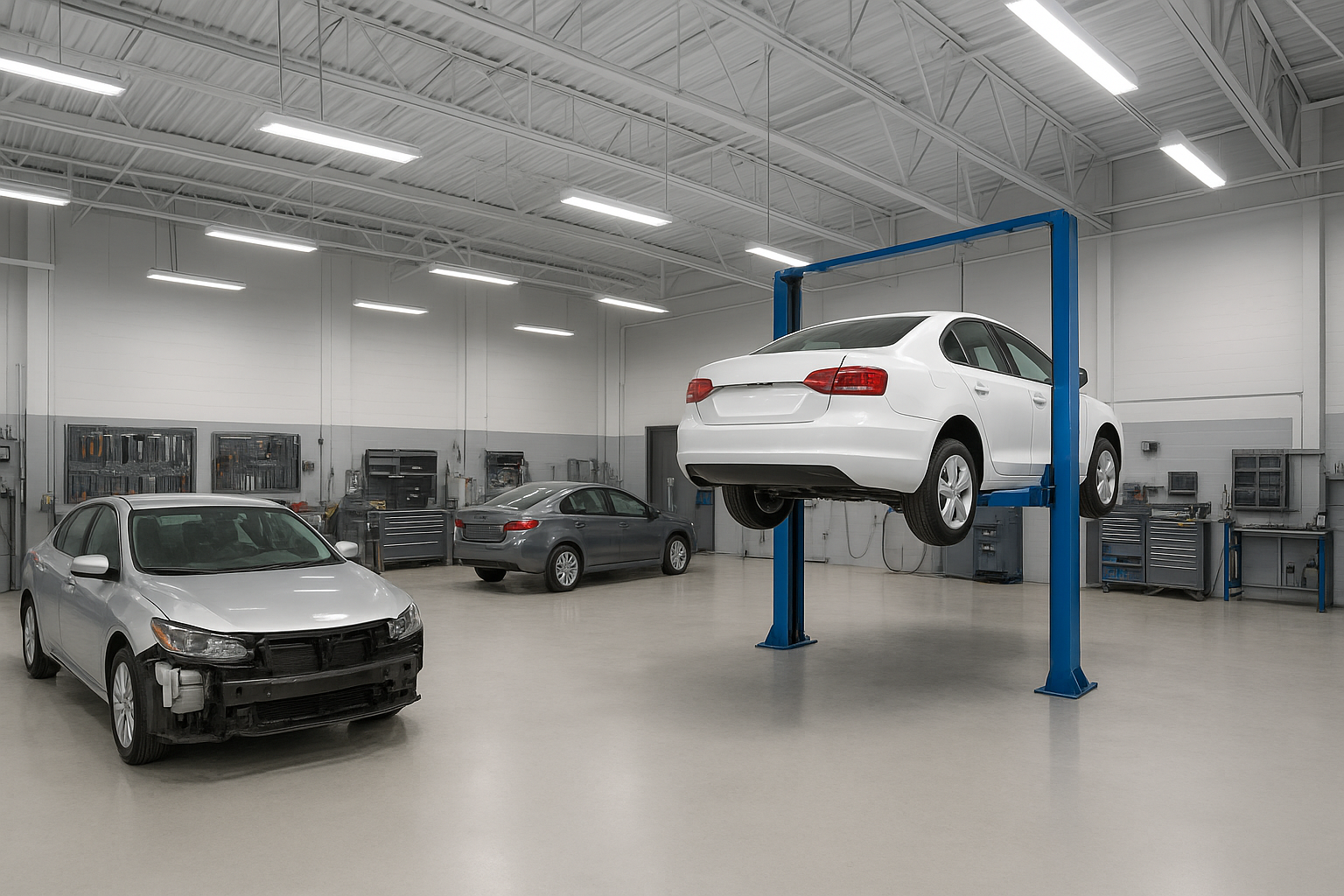 Interior of a modern auto body collision repair shop with vehicles being repaired