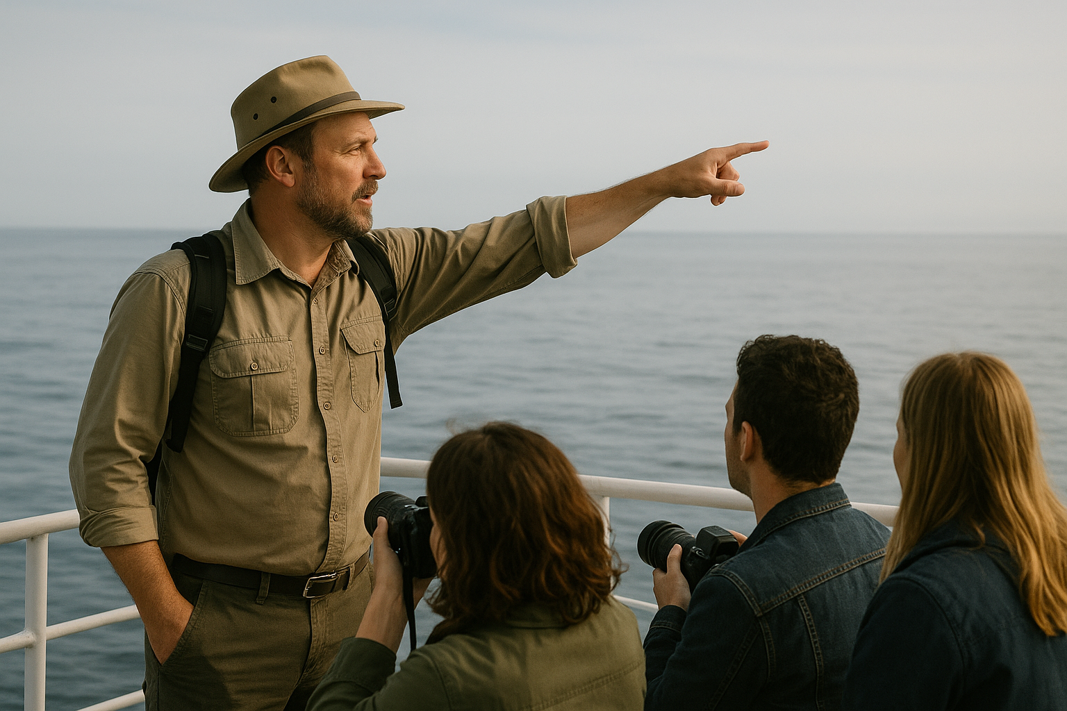 Marine biologist naturalist guiding passengers during a San Diego boat charter wildlife tour