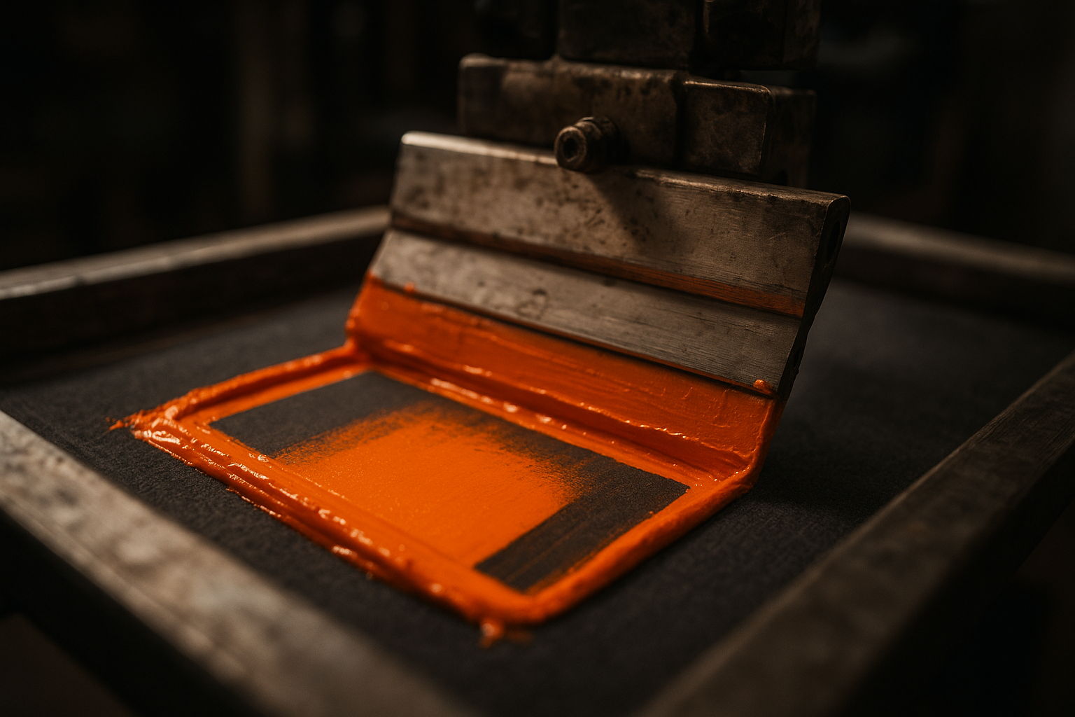 Screen printing press applying ink during custom sweatpants printing production