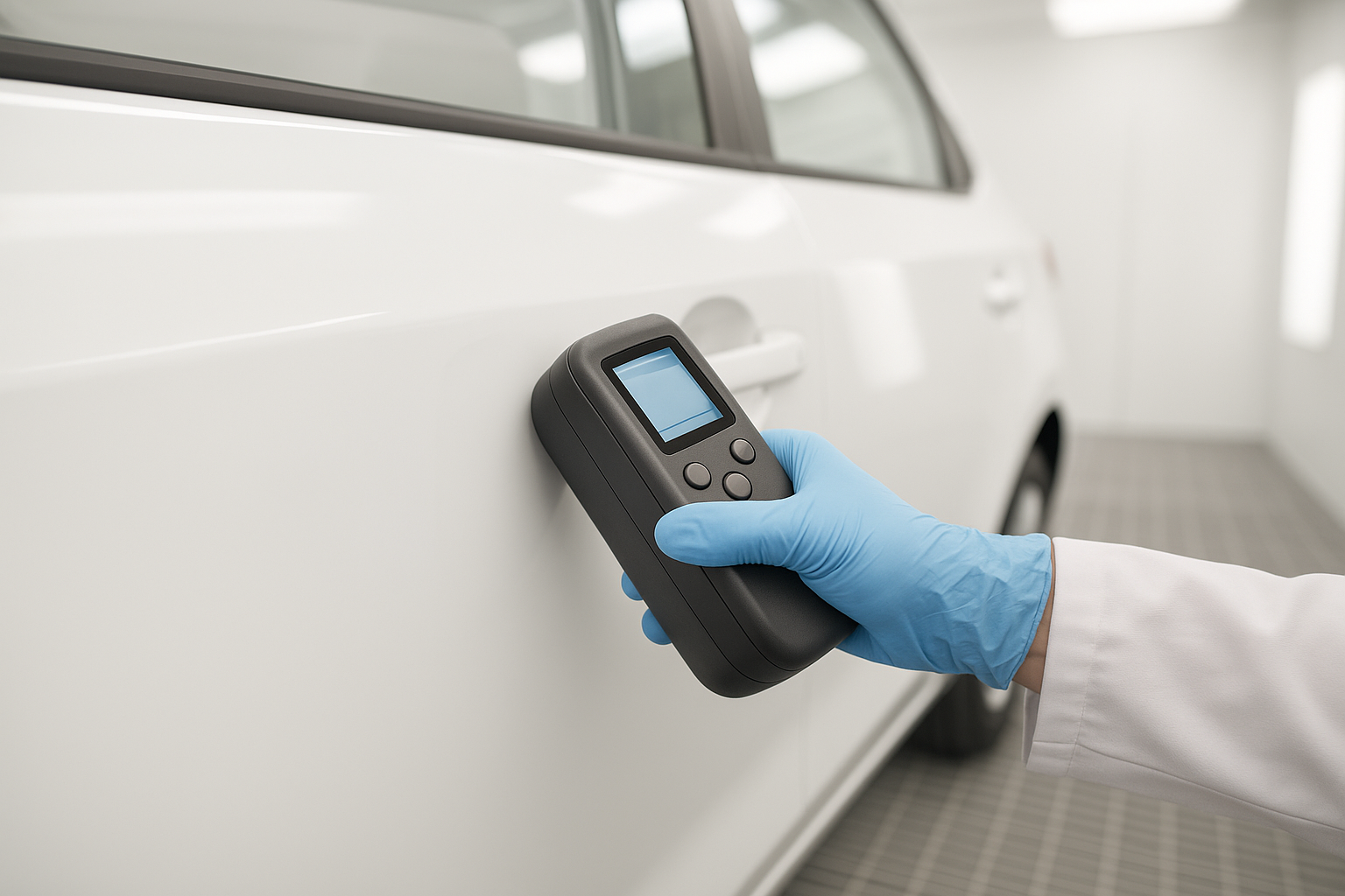 Technician using a spectrophotometer for advanced paint matching services Brea collision repair shop