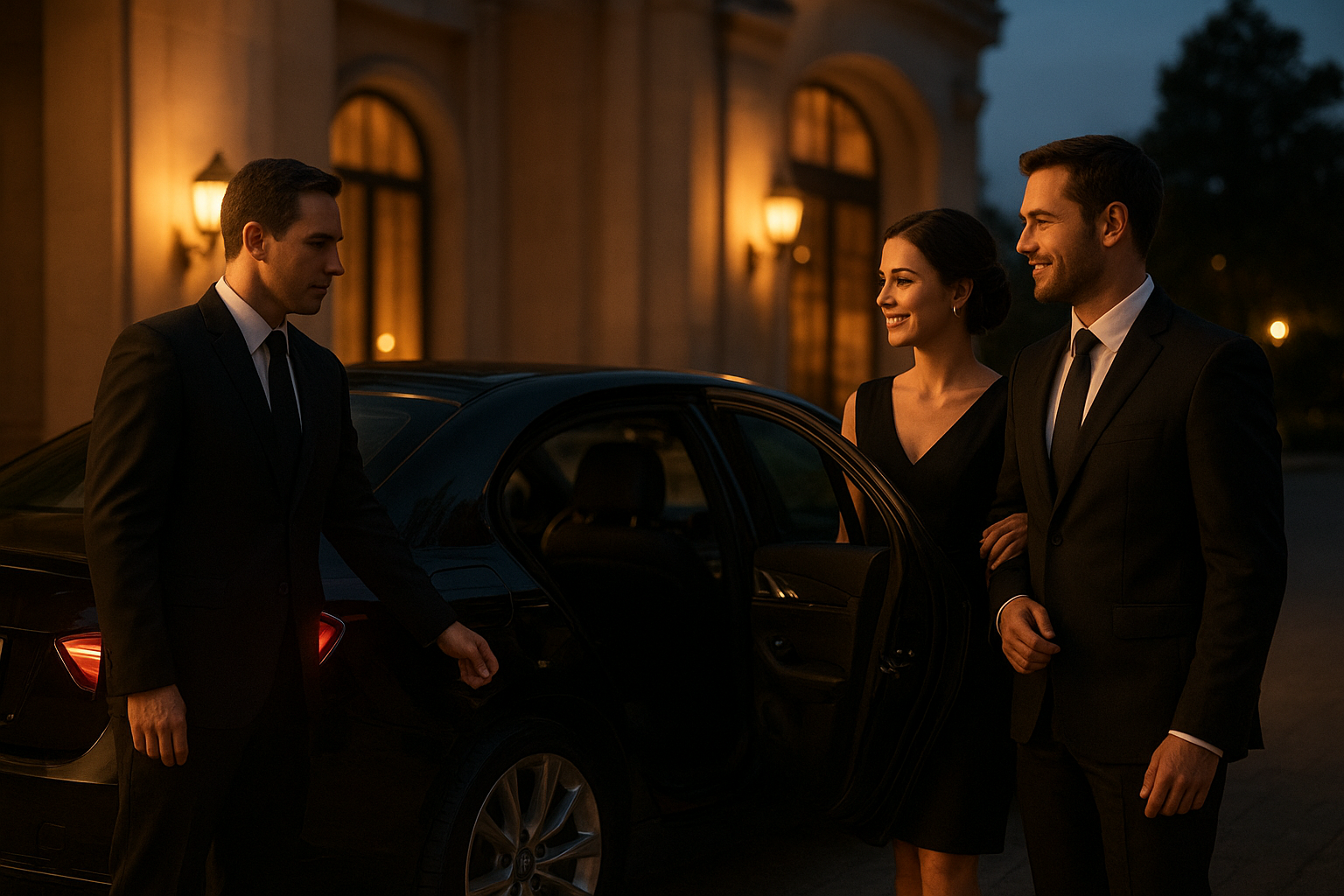Professional chauffeur opening the door for guests before a Pasadena concert