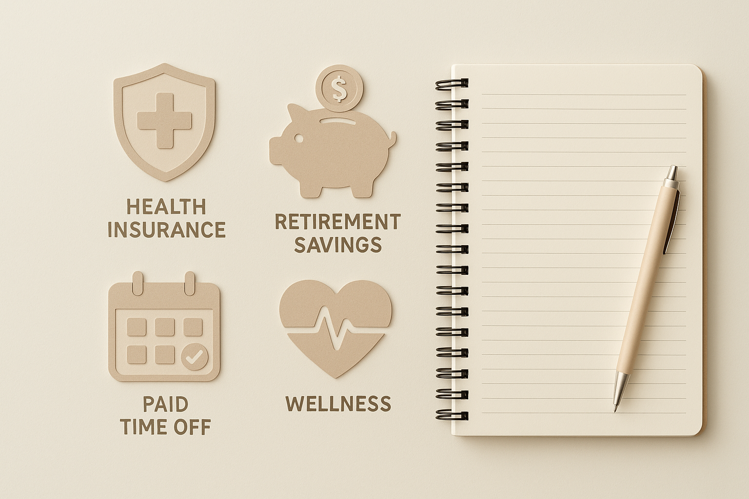 Icons representing core and voluntary employee benefits laid out on a desk
