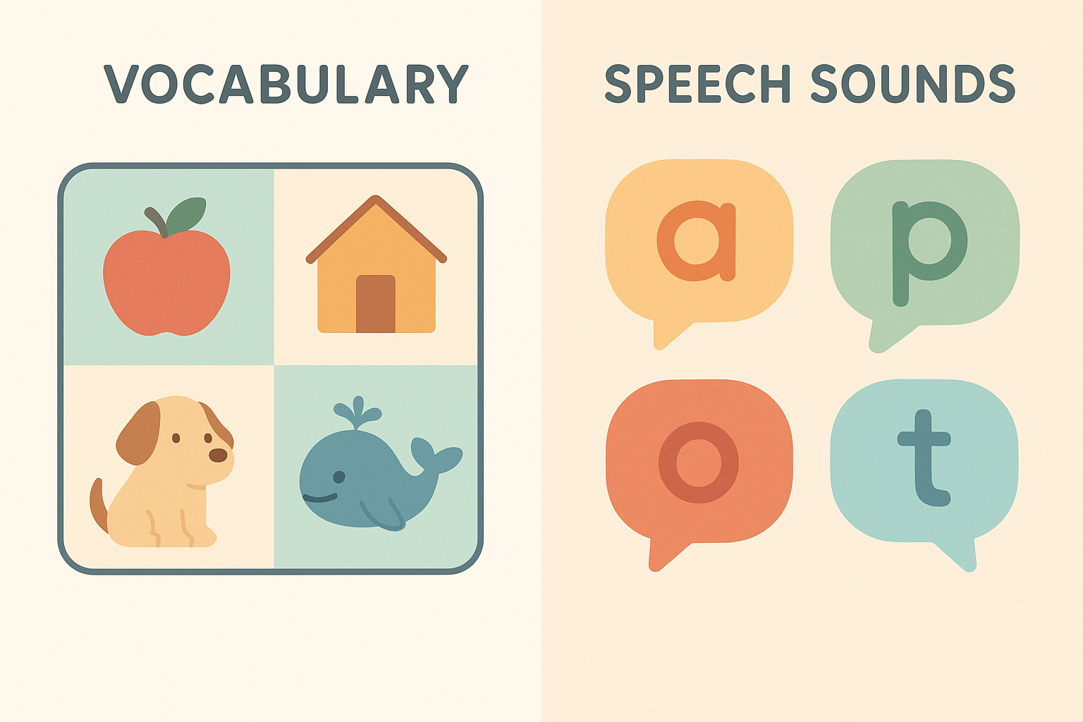 Side-by-side illustration comparing a core word story page and a sound story page