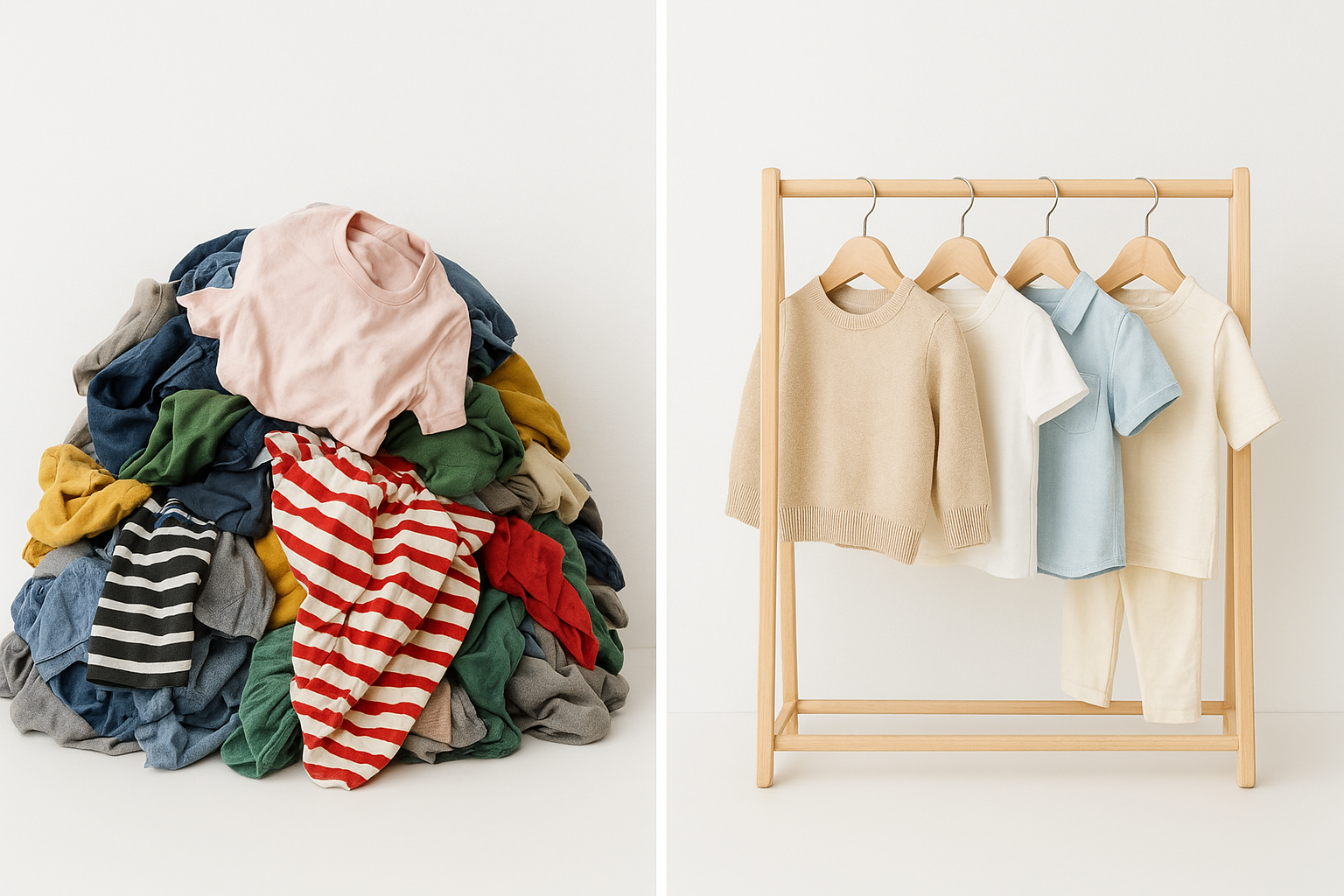 Comparison of discarded fast fashion versus a curated eco-friendly children's clothing rental wardrobe