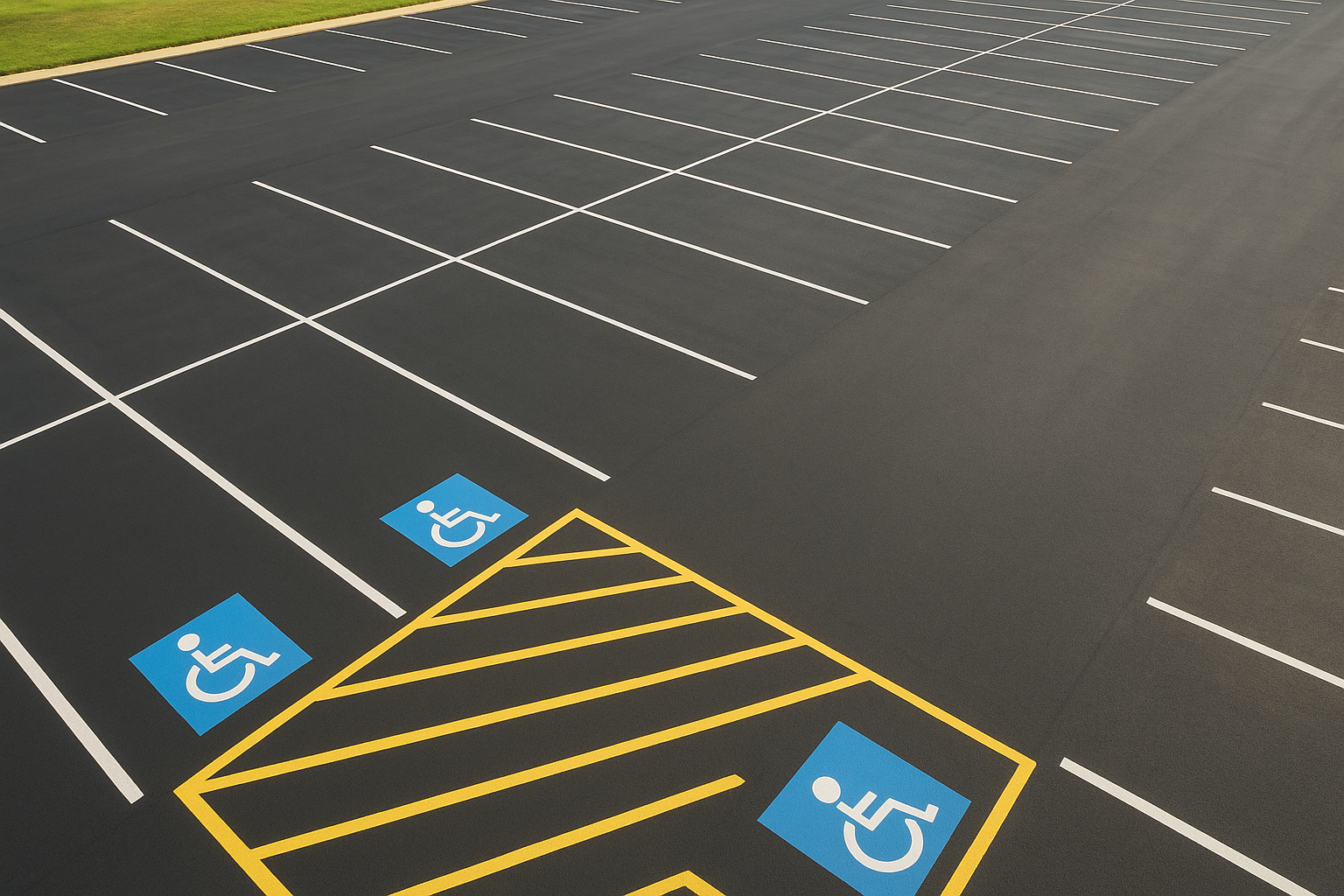Aerial view of a parking lot with ADA compliant striping and marked accessible stalls