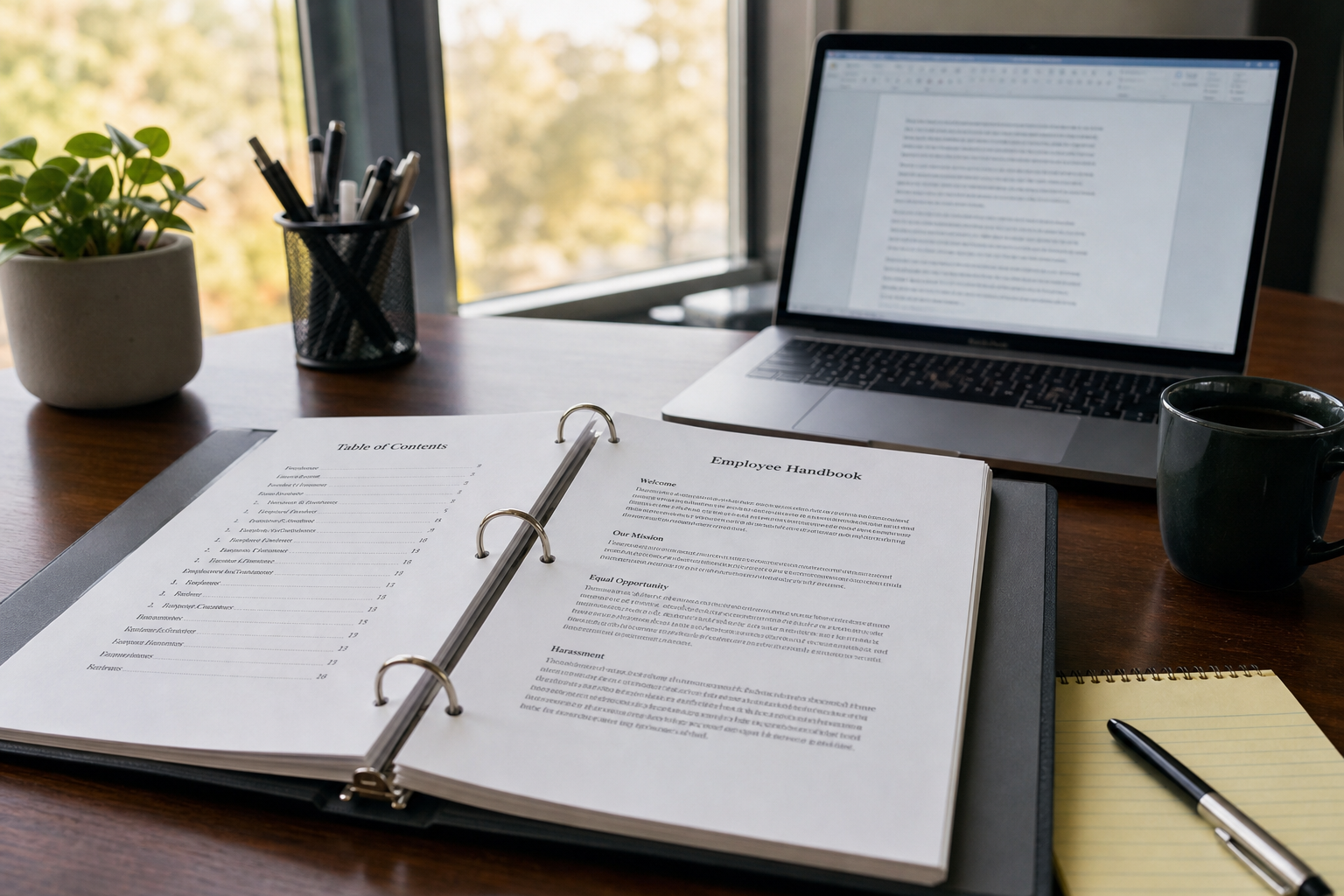 Printed employee handbook and laptop representing finished HR policy development services deliverables