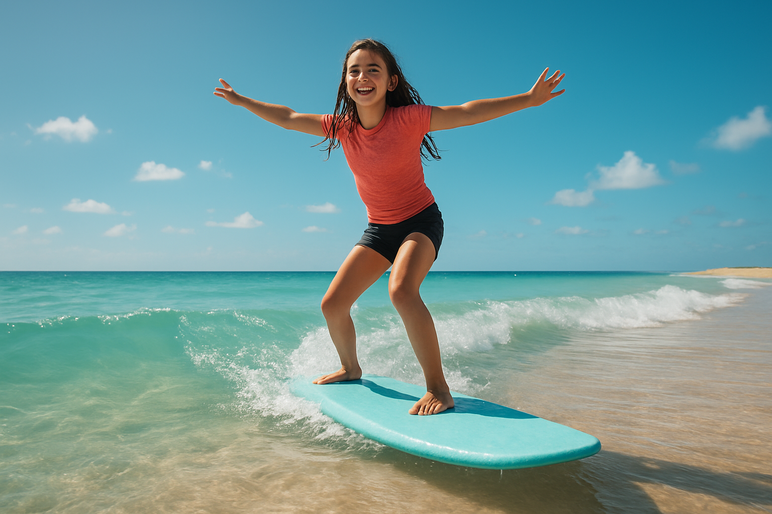 Teenage girl riding a wave during a beginner surf lesson on a sunny day