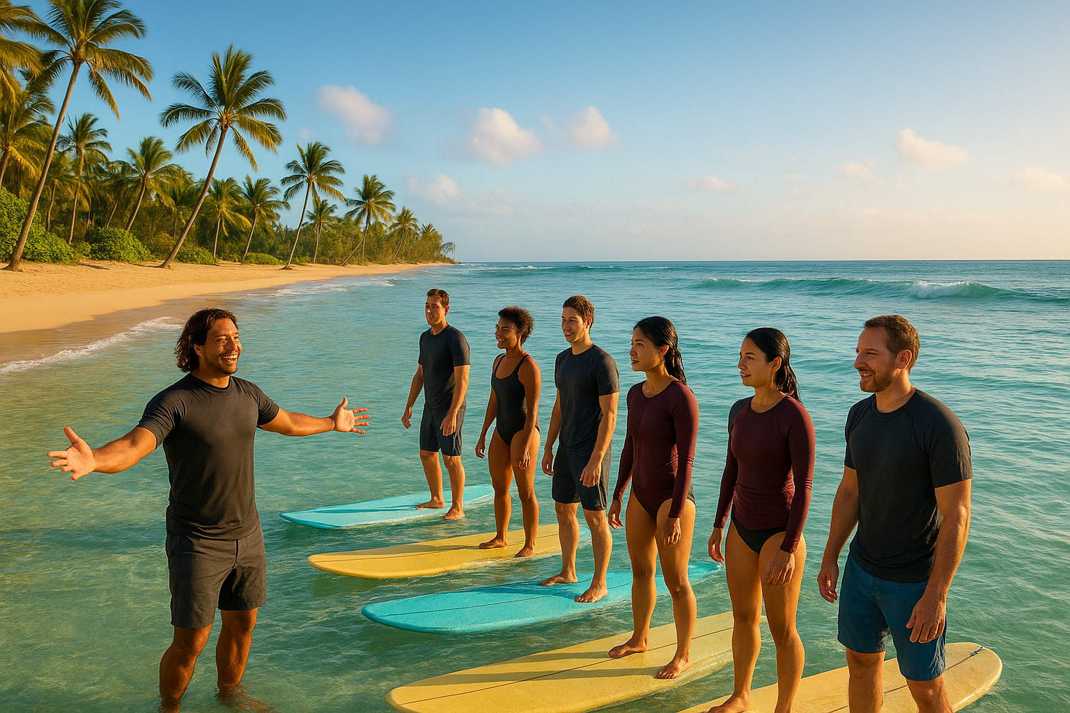 Beginner group taking Waikiki surf lessons on gentle turquoise waves with an instructor guiding them