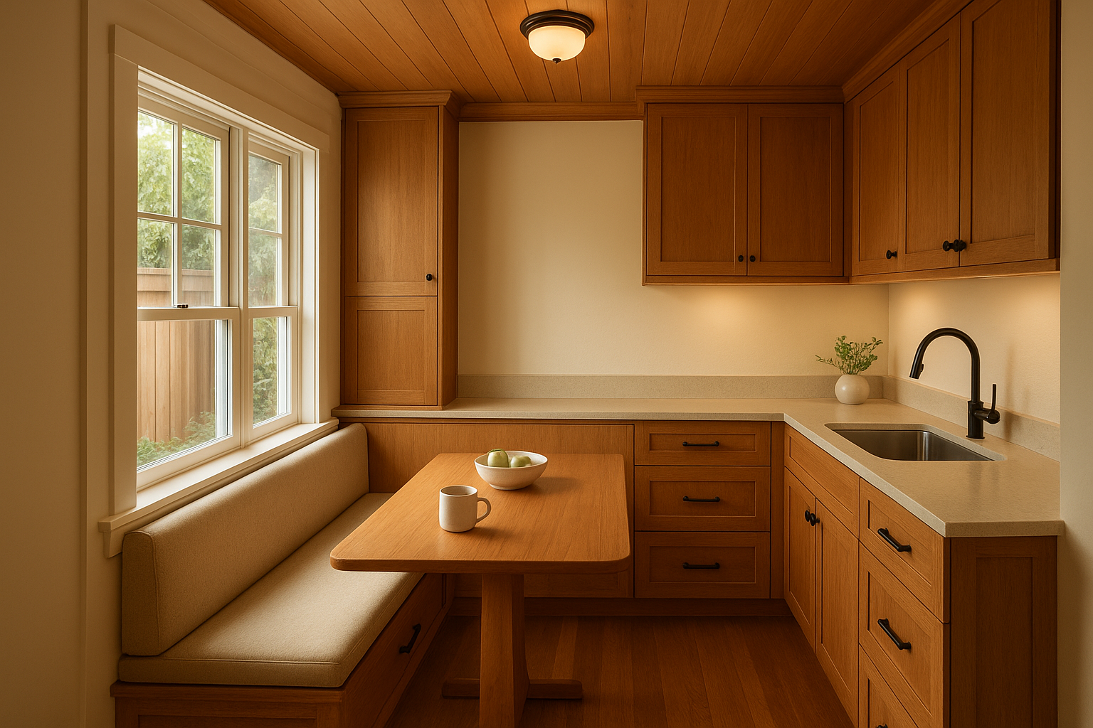 Built-in kitchen banquette with hidden storage drawers in a small ADU dining nook