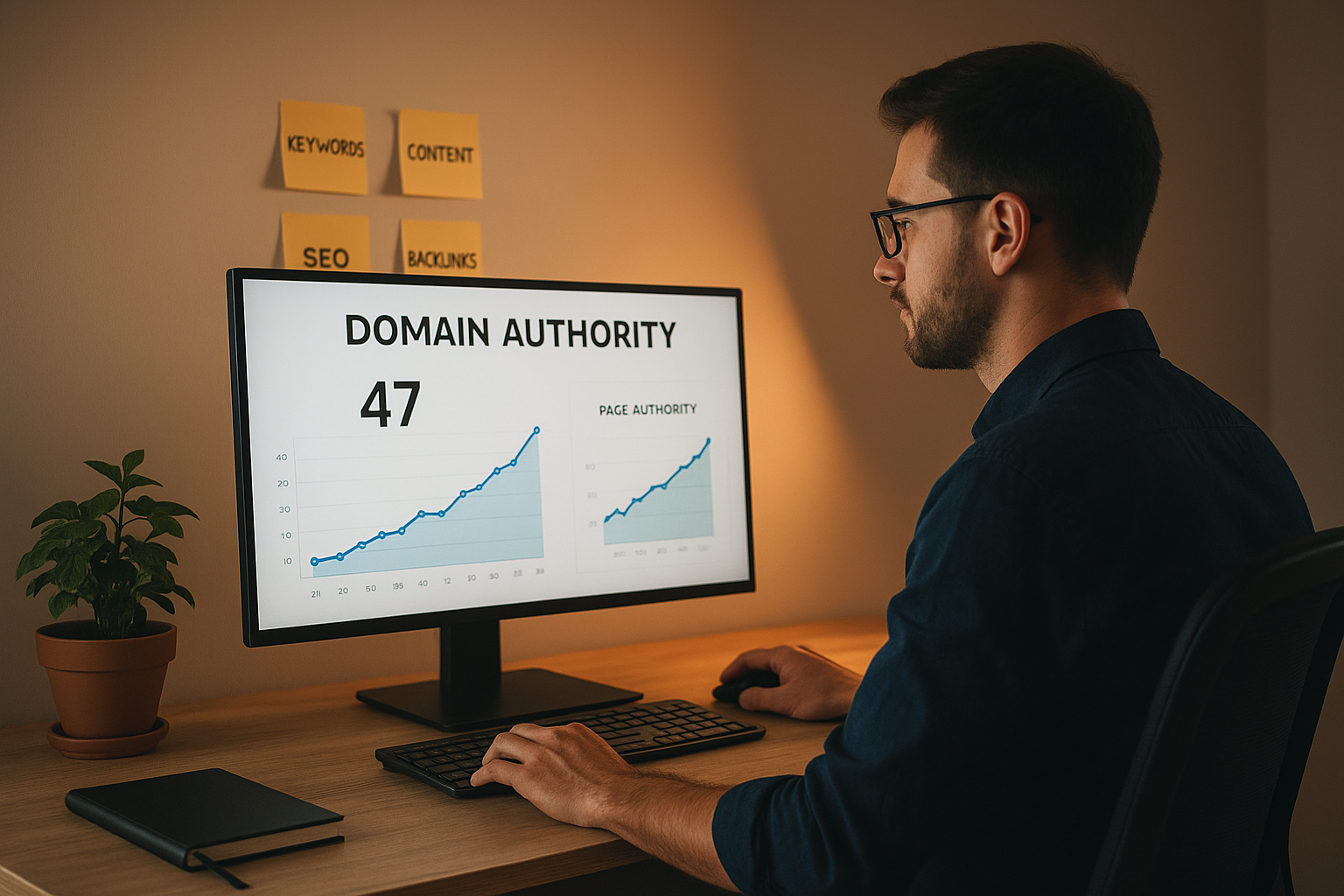 SEO professional reviewing domain authority scores and backlink data using an online checker tool