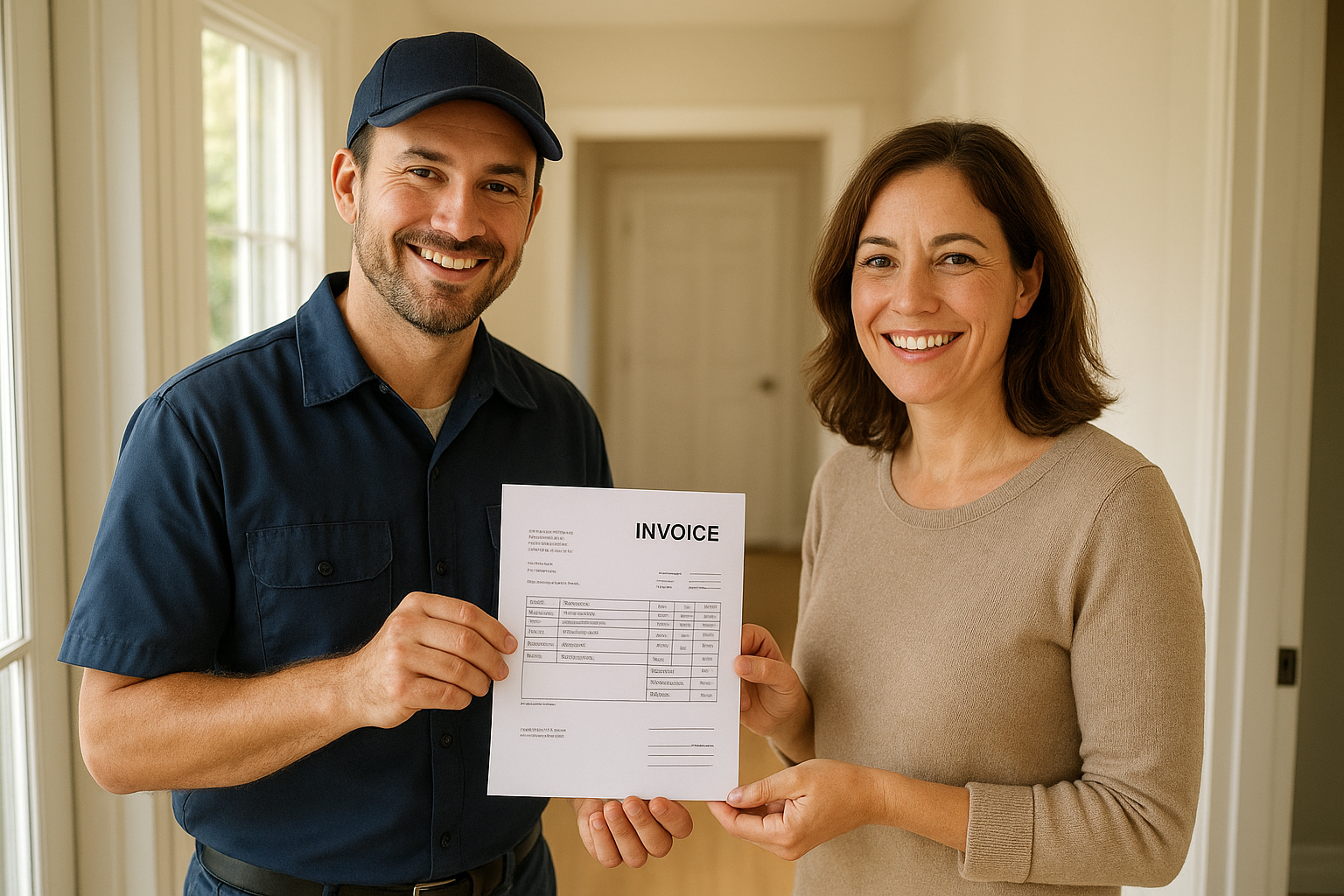 Technician reviewing a transparent repair invoice with a homeowner after affordable appliance services