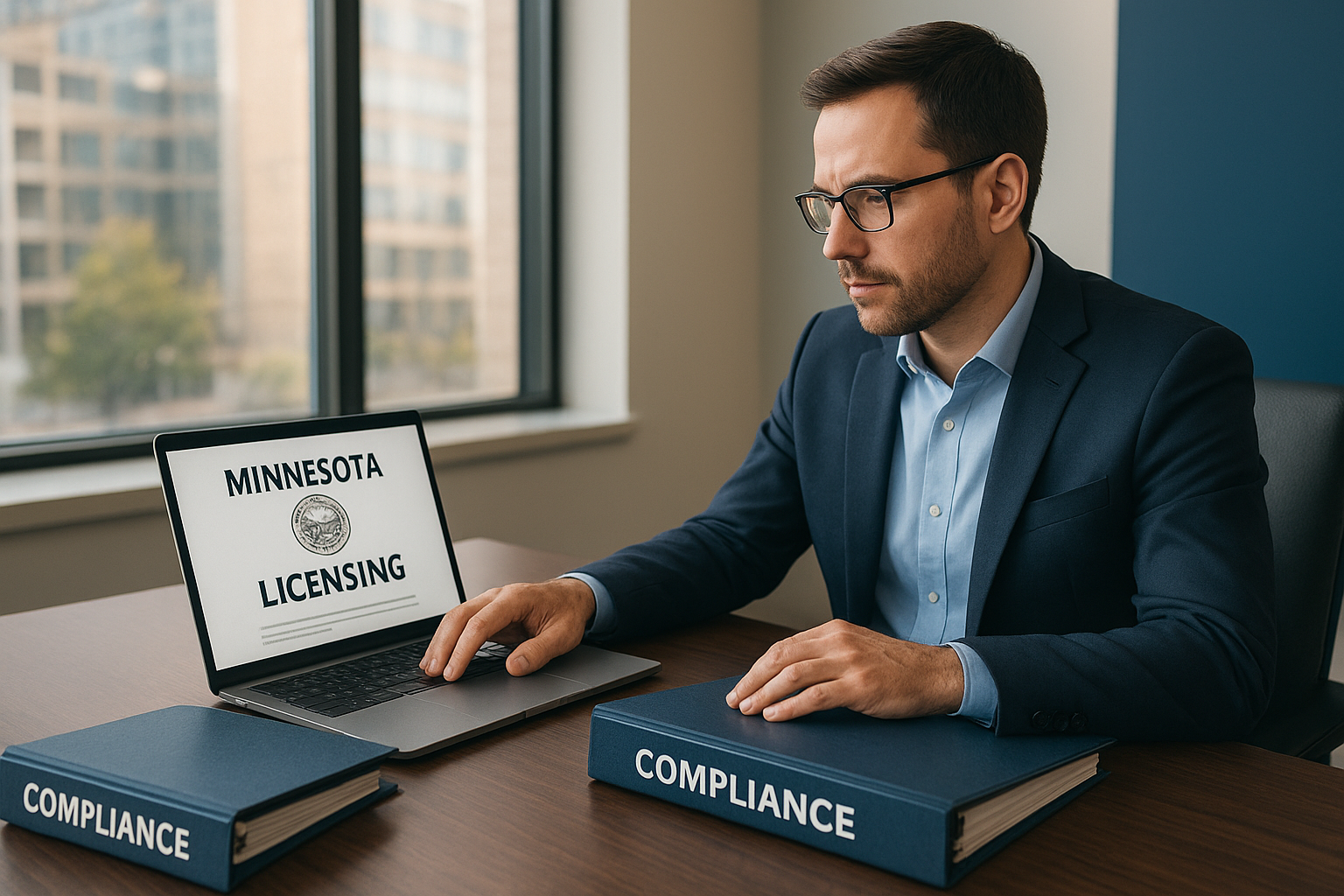 245D consultant reviewing DHS licensing documents in a Minneapolis office