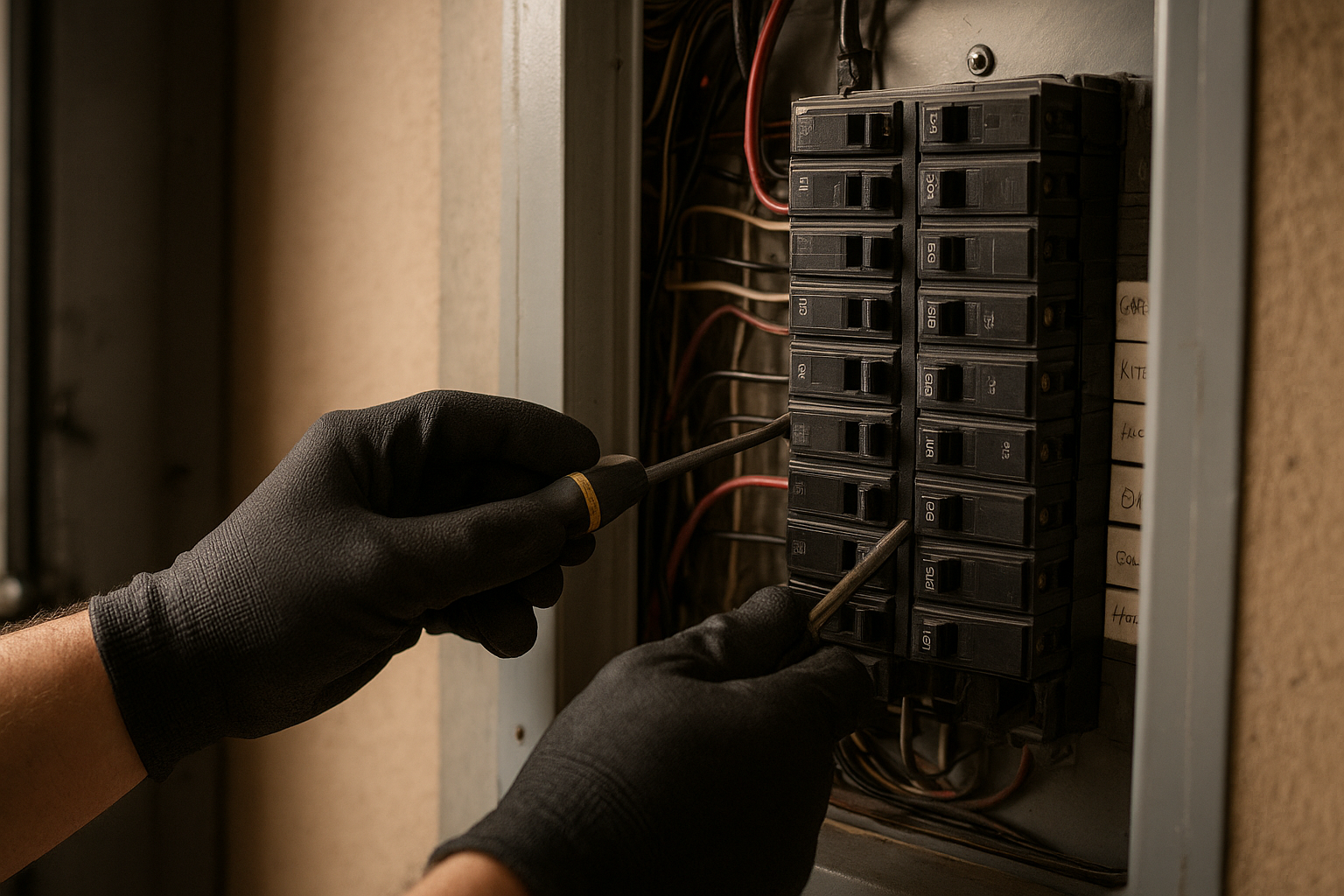 Inspector checking an electrical panel during a residential home inspection