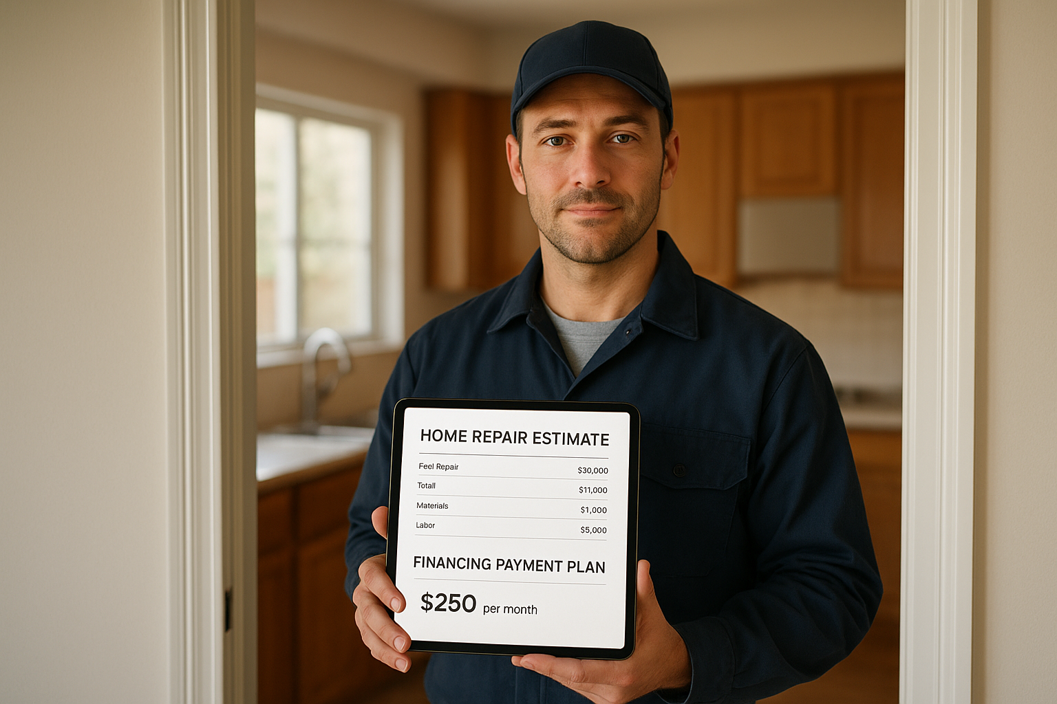 contractor showing homeowner how to offer financing on estimates contractor tablet screen