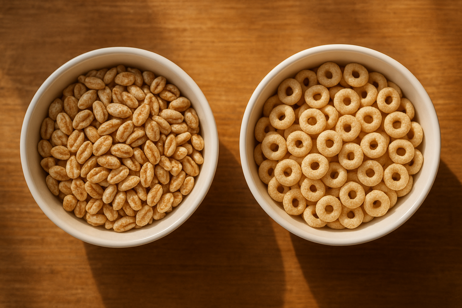 Puffed vs extruded cereal comparison shown in two bowls on a wooden table
