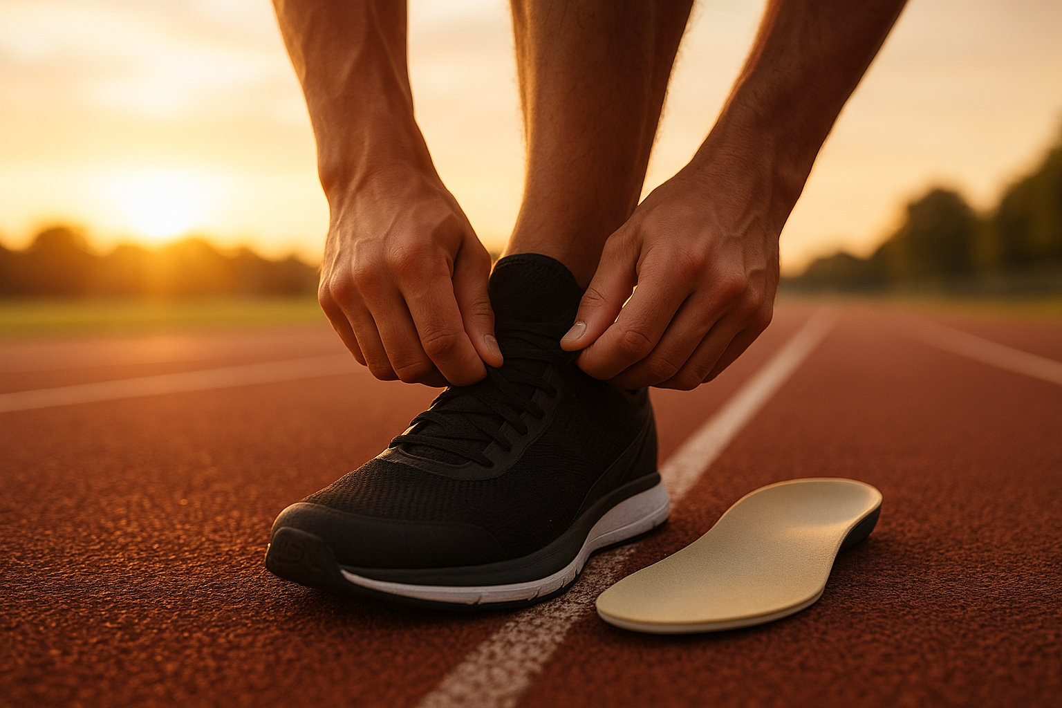 Athlete preparing running shoes fitted with foot orthotics for athletes