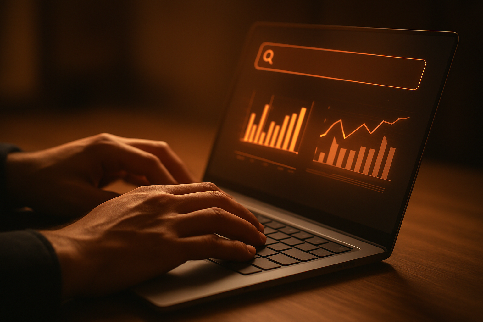 SEO professional using an advanced keyword research tool to analyse search query data on a laptop