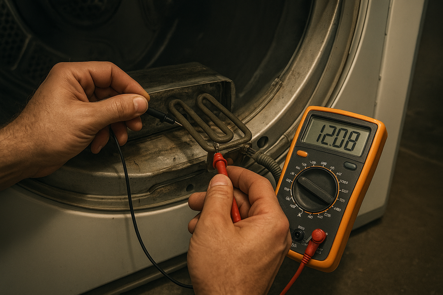 Close-up of appliance repair diagnostic testing on a clothes dryer heating element