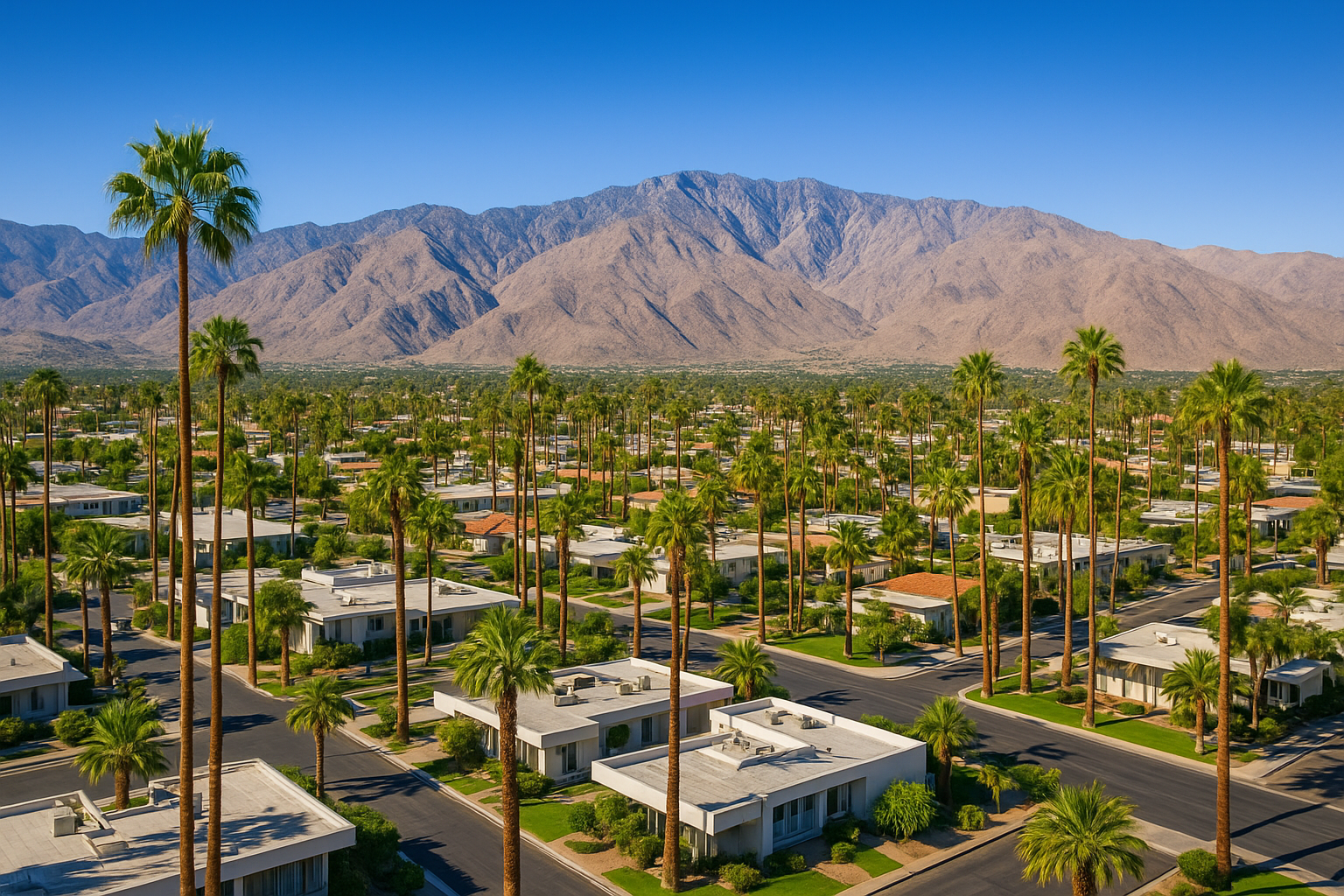 Aerial view of Palm Springs and the Coachella Valley desert cities served by South Bay chauffeur transfers