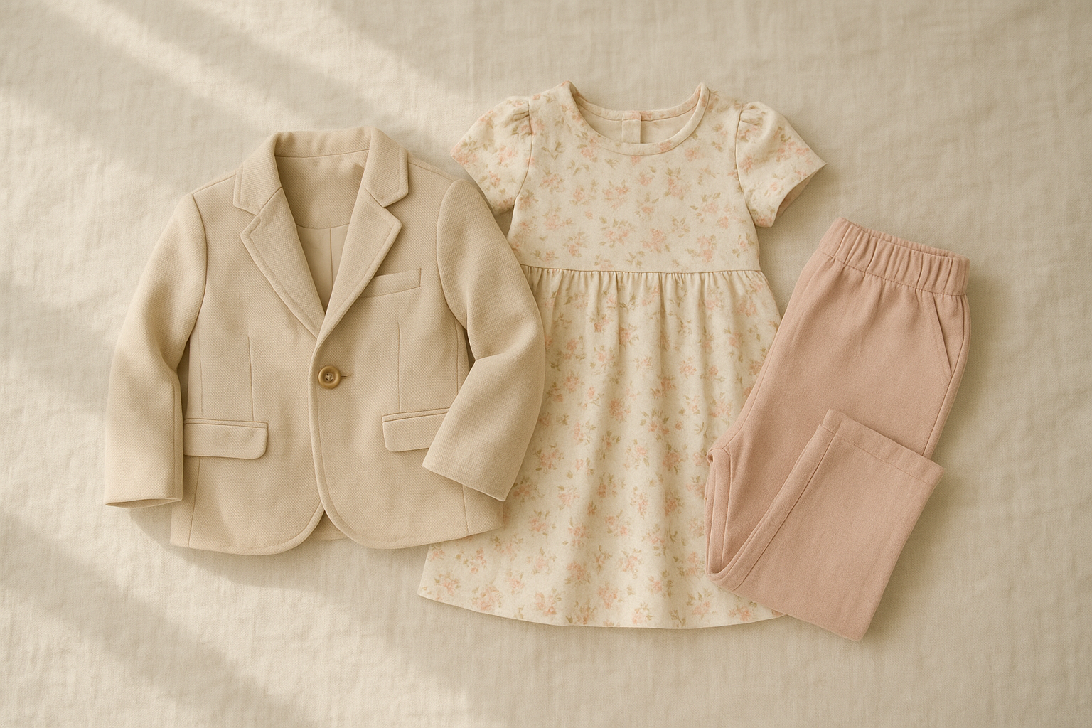 Curated designer children's clothing rental items laid out in a flat lay arrangement