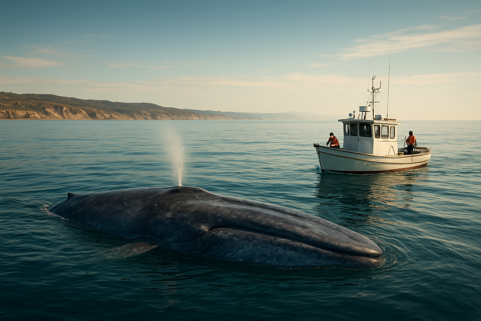 Blue whale surfacing near a small whale watching boat off the coast of San Diego during summer season