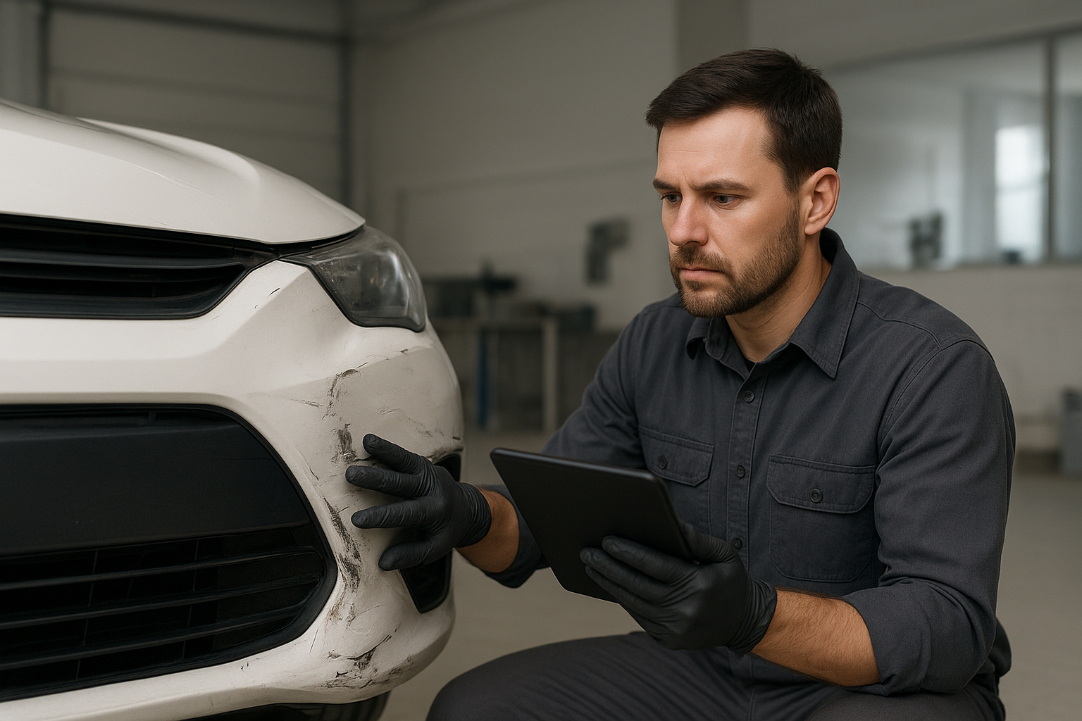 Technician reviewing an auto body repair cost estimate Orange County damage report on a tablet