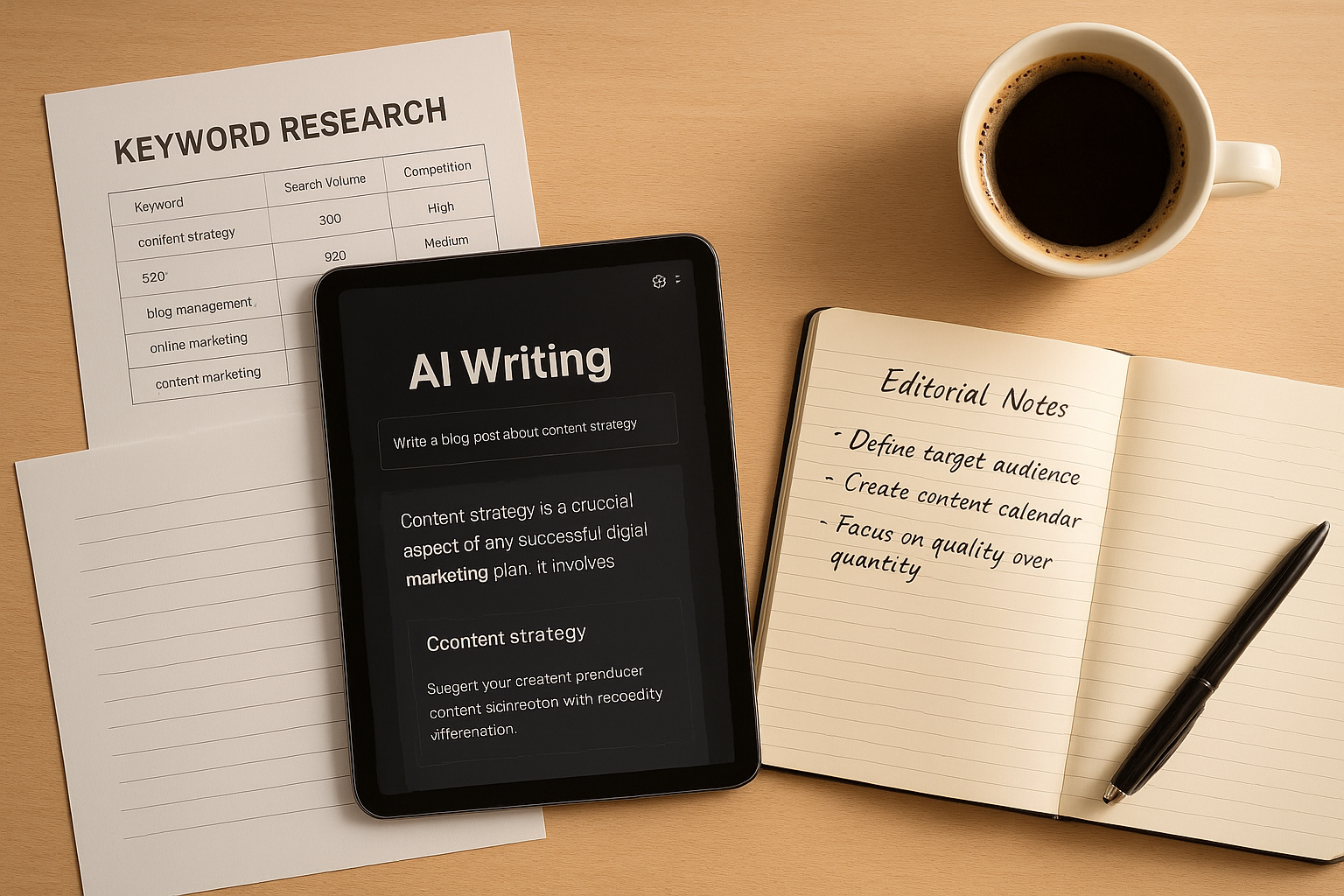 Content strategy planning session combining AI writing tools with human editorial notes and keyword research