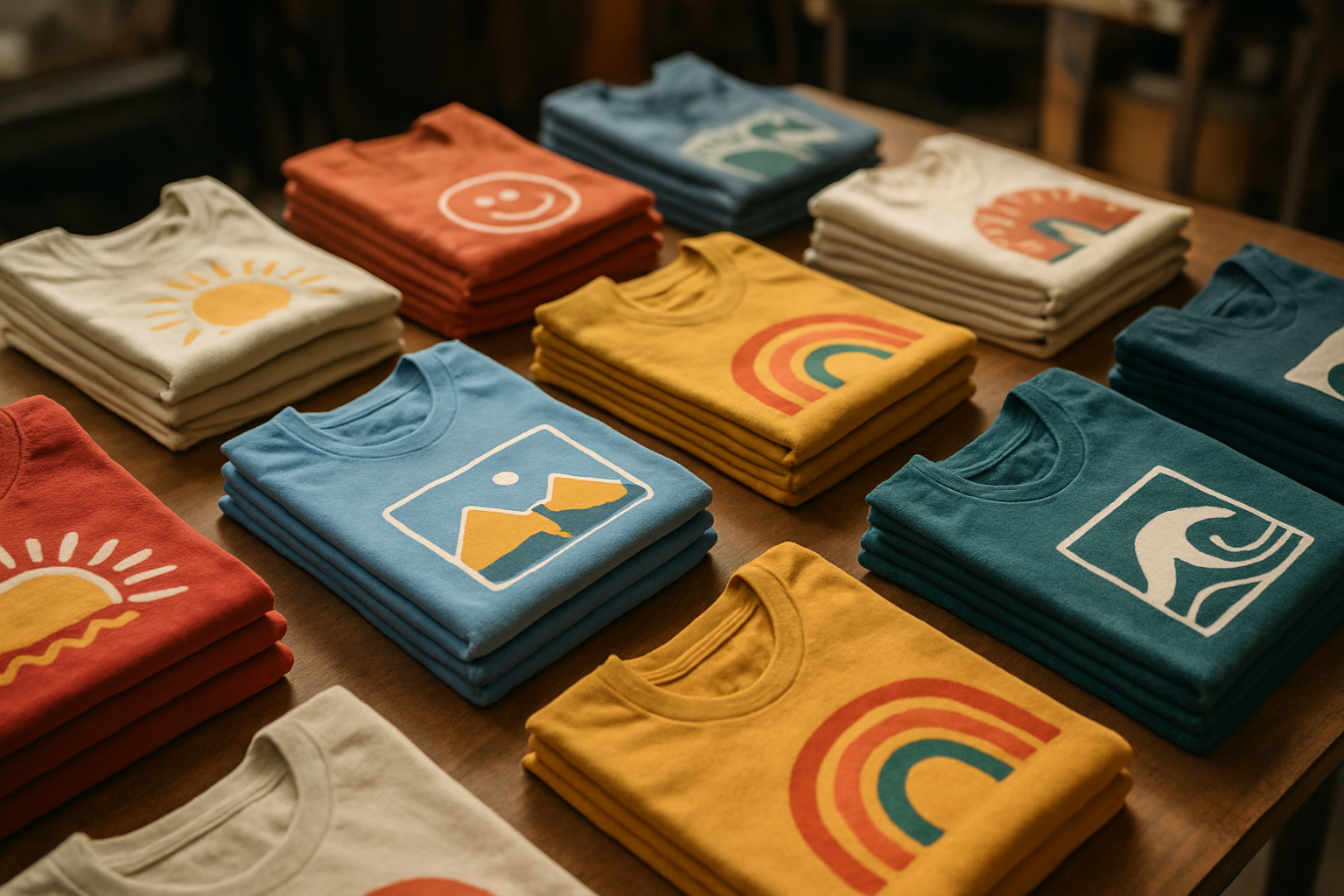 Stacks of folded shirts prepared for bulk custom t-shirt orders in a print shop