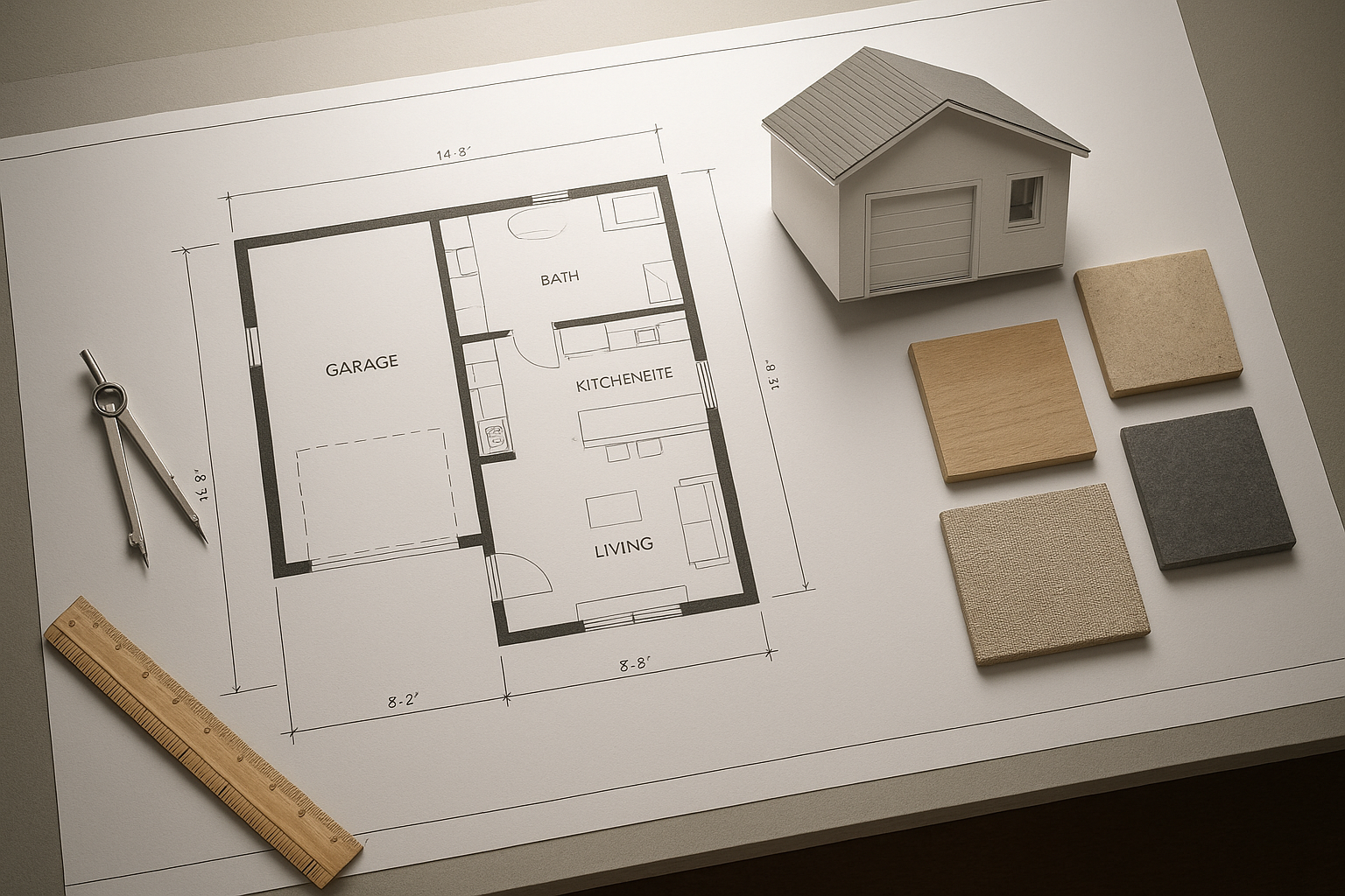 ADU conversion architectural plans and material samples laid out on a drafting table