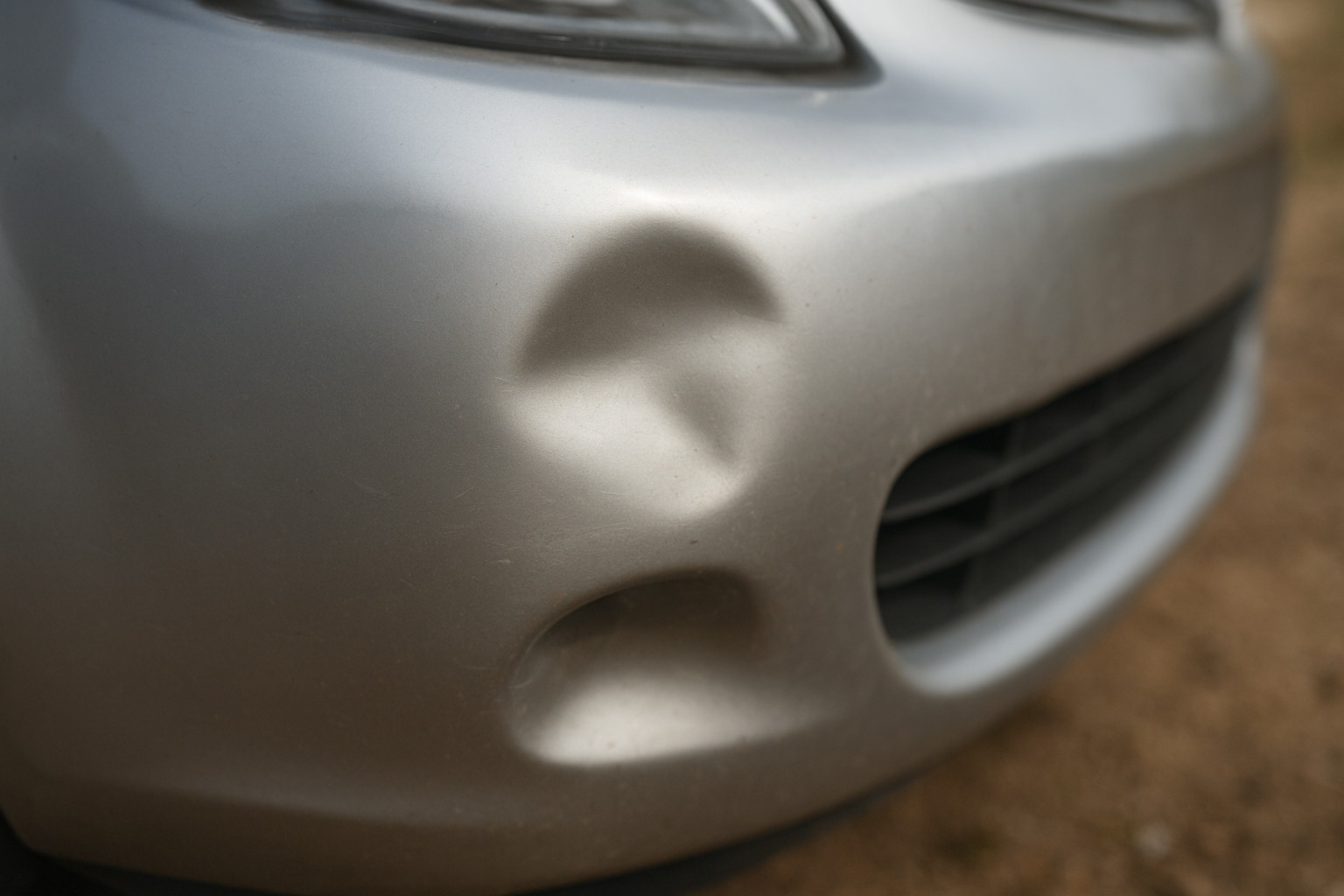 dented car bumper awaiting auto body repair in Brea shop