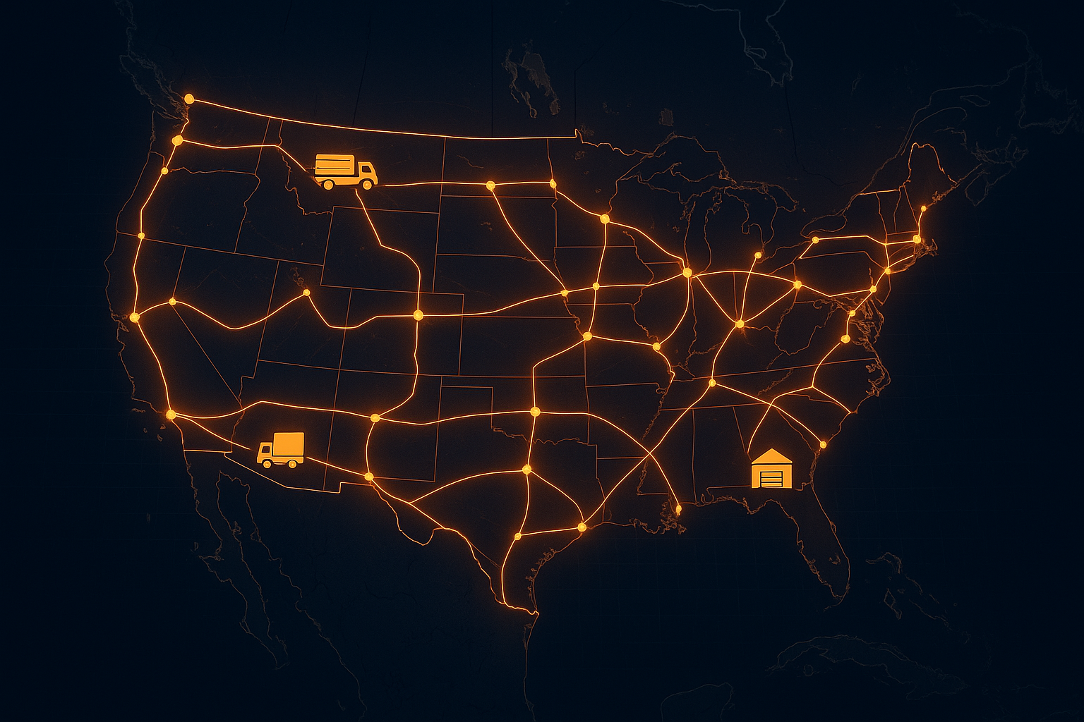 Map showing a freight brokerage network connecting carriers across North America