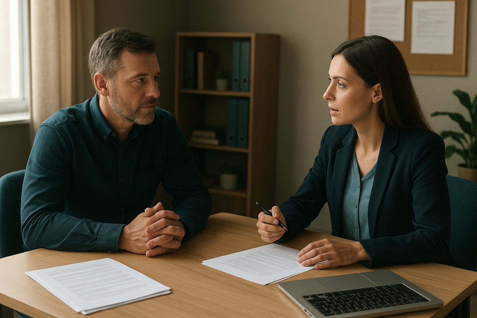 Manager and HR consultant having a conversation to explain employee relations at a small business