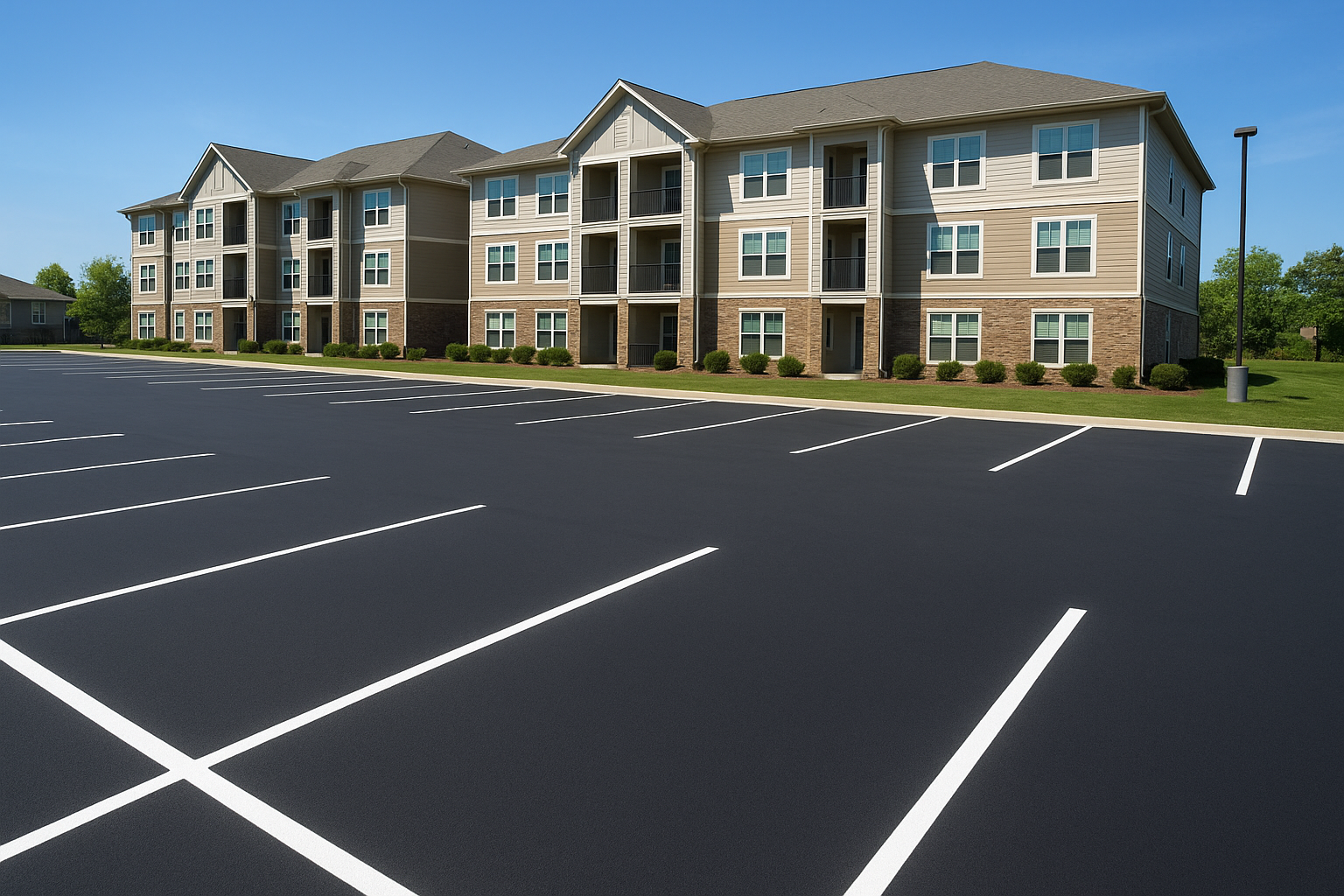 Residential parking lot striping denton tx showing freshly painted parking stalls
