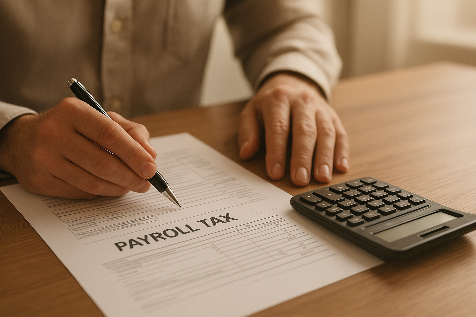 Accountant reviewing Minnesota payroll tax filing services paperwork at a desk