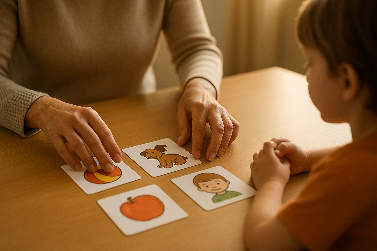 SLP arranging picture cards from a speech therapy resource provider during a session